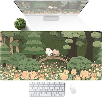DSKGSJH Anime Orman Masa Matı, Sevimli Yeşil Fare Altlığı, Kawaii Estetik Tam Masaüstü Pedi XXL Oyun Mousemat XL, Genişletilmiş Kore Hayvanları Ayı Tavşanı Klavye Mat Büyük 90 x 40 cm Kaymaz ve Dikişli