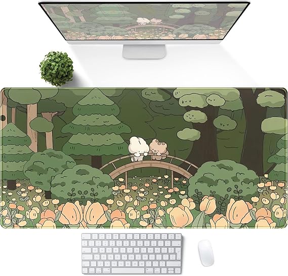 DSKGSJH Anime Orman Masa Matı, Sevimli Yeşil Fare Altlığı, Kawaii Estetik Tam Masaüstü Pedi XXL Oyun Mousemat XL, Genişletilmiş Kore Hayvanları Ayı Tavşanı Klavye Mat Büyük 90 x 40 cm Kaymaz ve Dikişli