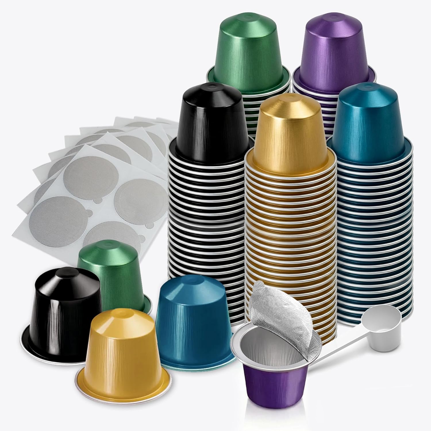 Disposable Coffee Pods For Nespresso OriginalLine,150 Empty Fillable Espresso Capsules With Aluminum Foil Lids,Make Your Own Replacement Pod For Nespresso Machines(Black,Gold,Green,Purple,Blue)