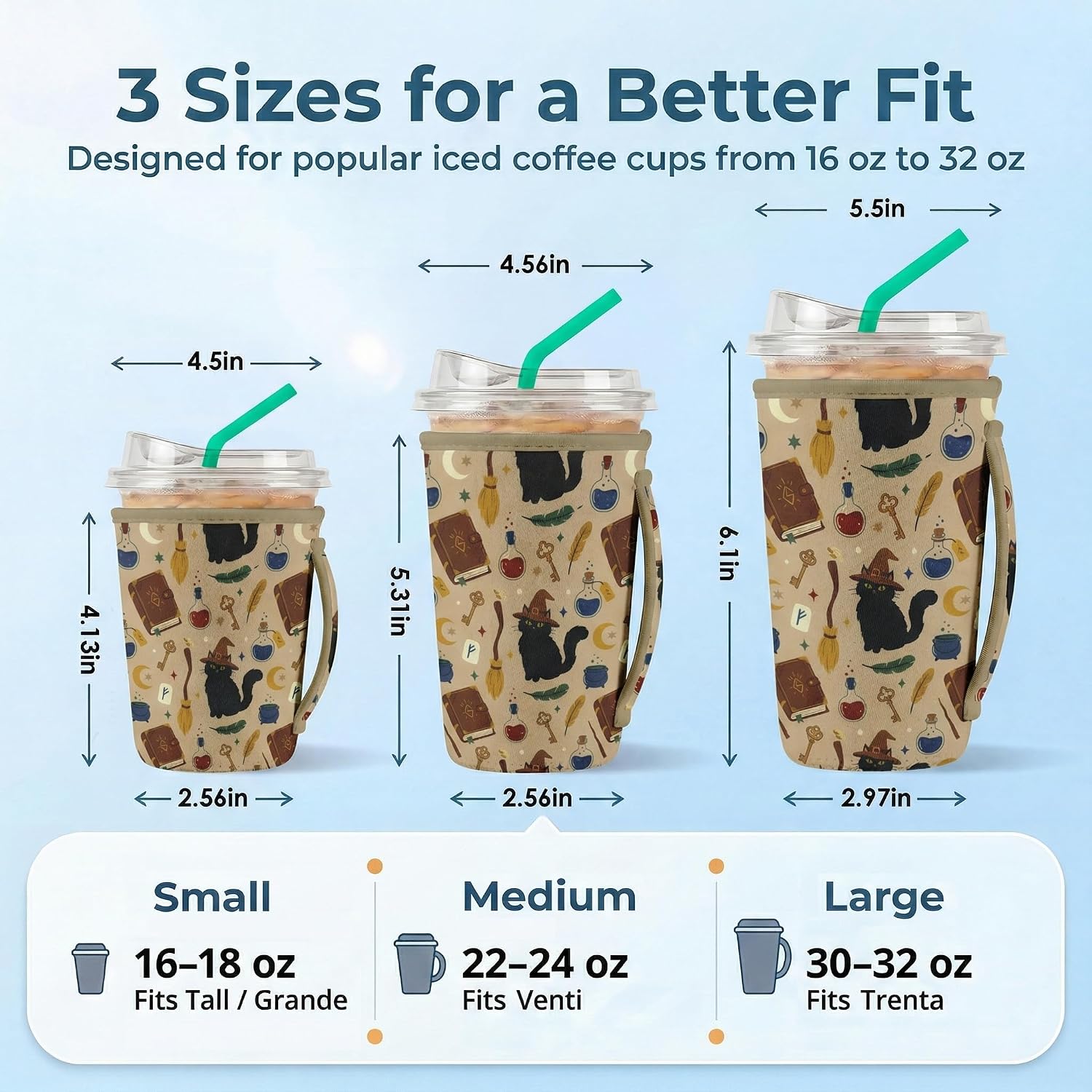 Artsocket 3 Pack Iced Coffee Sleeve with Handle, 16oz-32oz, Witchy Cat Gothic image 2