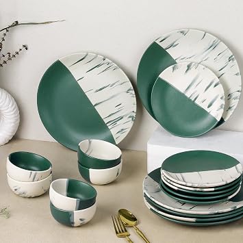 The Earth Store DT Teal Italian Ceramic Dinner Set of 18, 6 Full Dinner Plates, 6 Quarter Plates, 6 Vegetable Bowls | Microwave & Dishwasher Safe Crockery Set for Gifting & Dinning