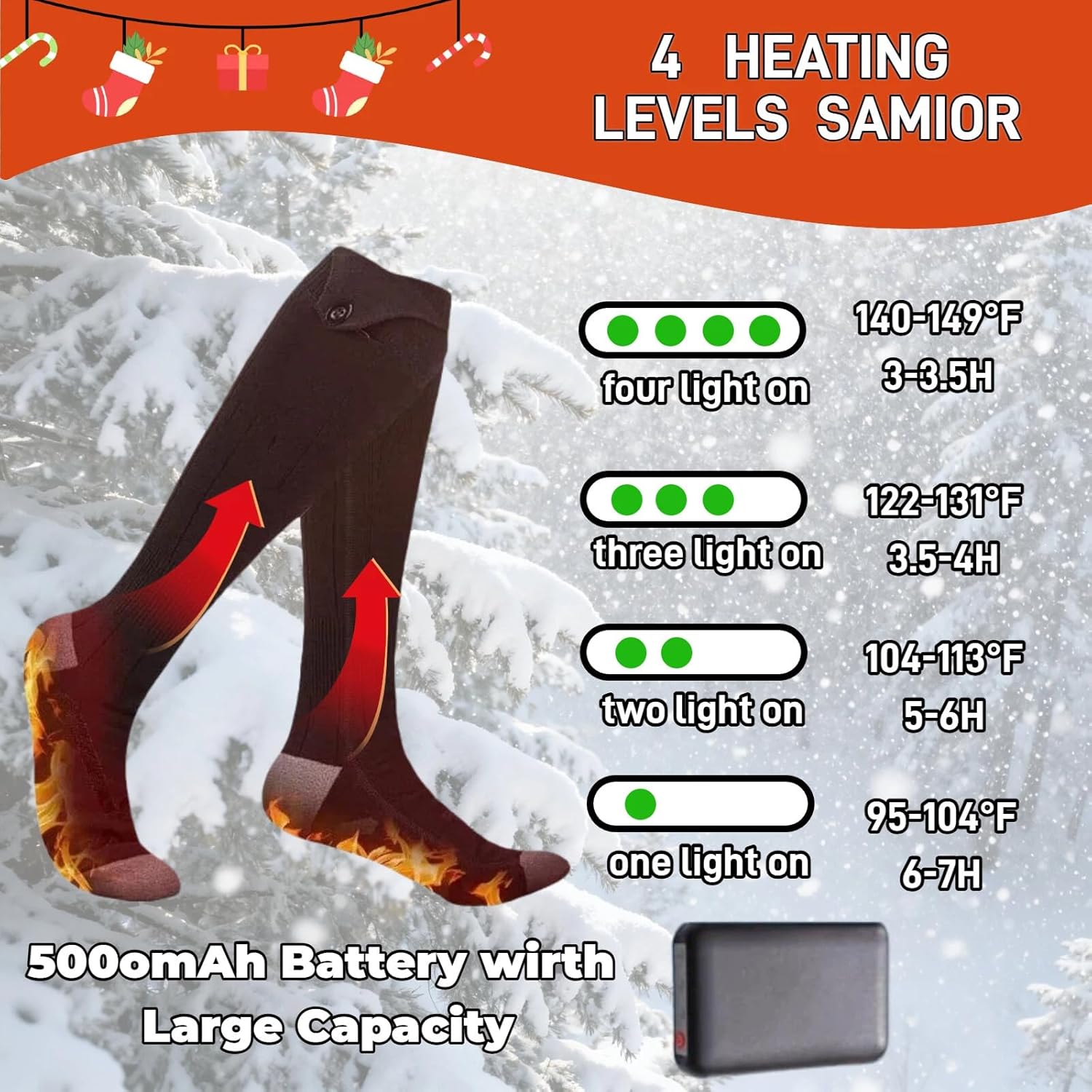 Heated Socks for Men & Women, Rechargeable Battery Powered, 4 Heat Settings Winter Socks,Washable Electric Foot Warmer and Leg Warmers for Winter, Hunting, Camping, Hiking, Fishing, Outdoor Activities