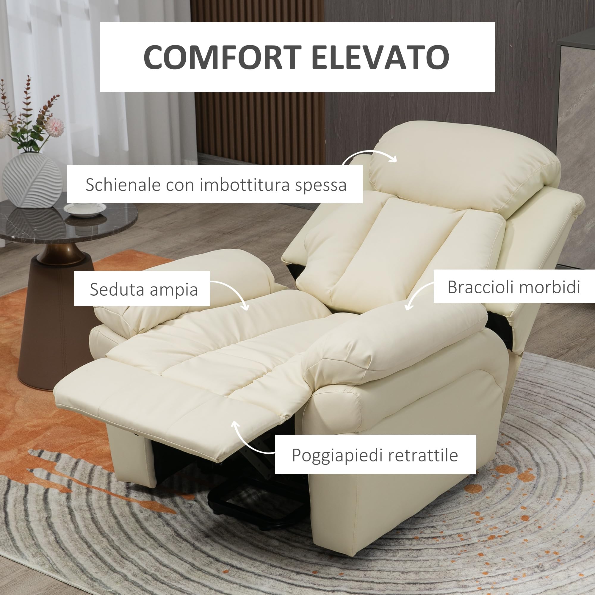HOMCOM Poltrona Reclinabile Alzapersona Elettrica, Poltrona Relax con Imbottitura Spessa e Telecomando, 96x93x105 cm, Crema