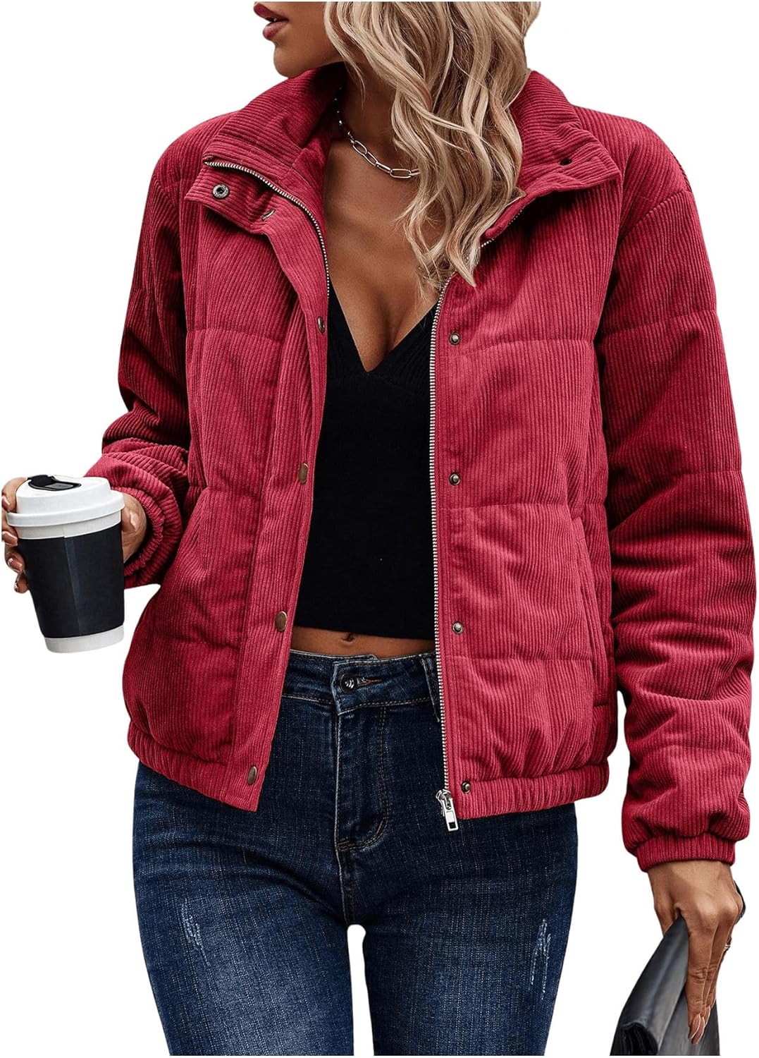 SOLY HUX Women's Corduroy Quilted Puffer Jacket Zip Up Long Sleeve Padded Bomber Barn Jackets Coat with Pockets