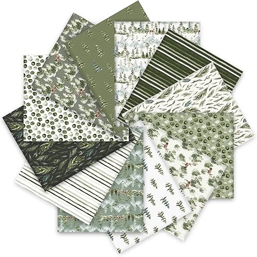Whaline Paquete de 12 piezas de 18 x 22 pulgadas, color verde acuarela, tela de retazos, tela de algodón precortada, hojas cuadradas para Navidad,