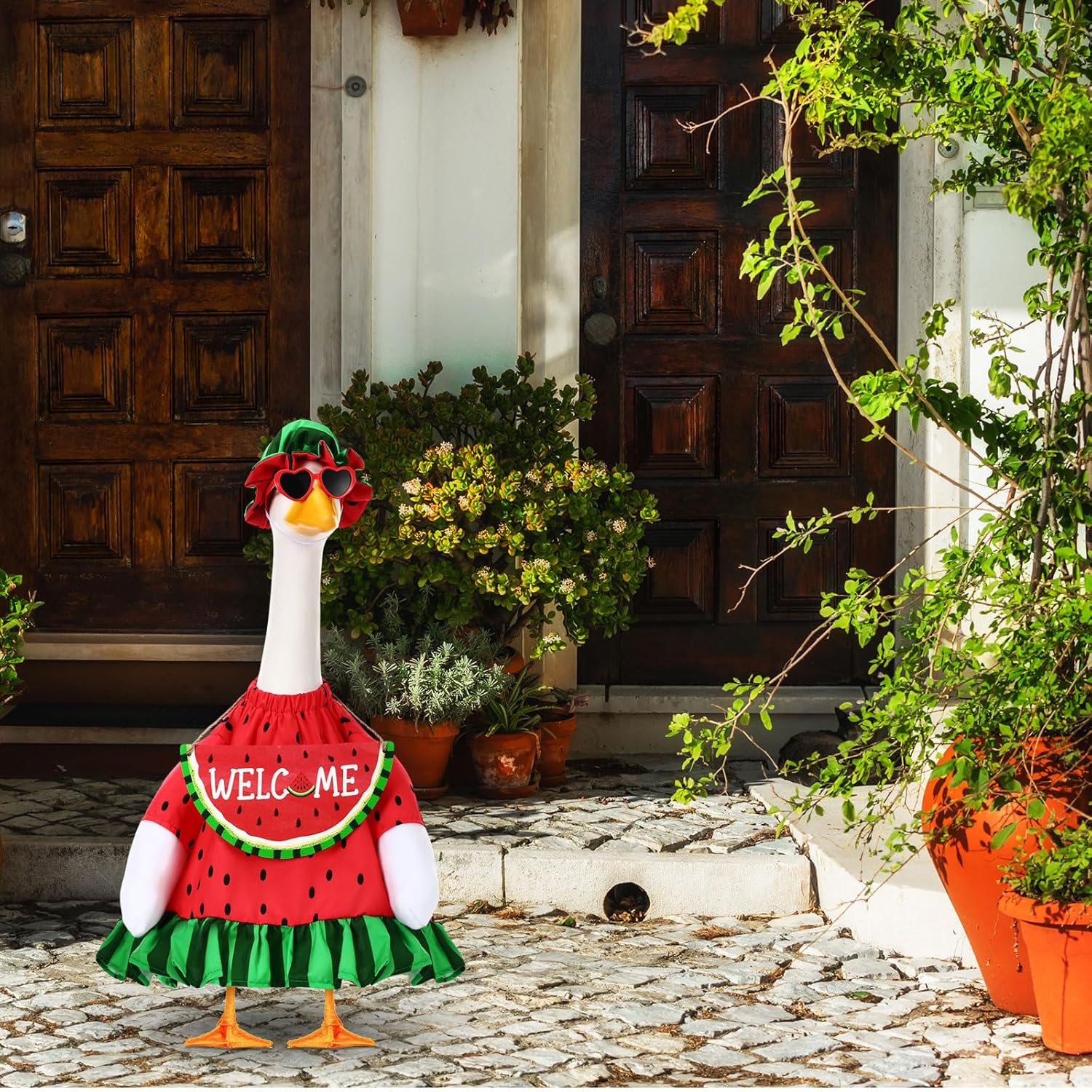 Summer Watermelon Porch Goose Outfits Summer Dress with Frilled Hat & Skirt Welcome Wooden Sign Fits 23" Cement Goose Statue Outdoor Garden Yard Patio Lawn Decor(Watermelon)