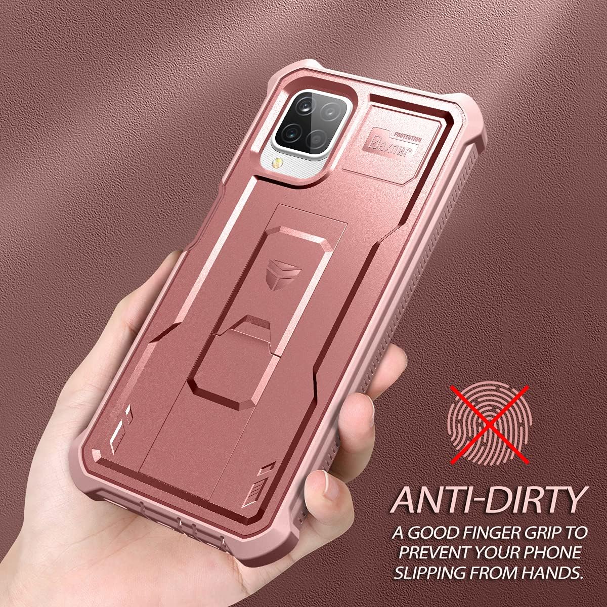 Dexnor for Samsung Galaxy A12 Case, [Built in Screen Protector and Kickstand] Heavy Duty Military Grade Protection Shockproof Protective Cover for Samsung Galaxy A12 Rose Gold
