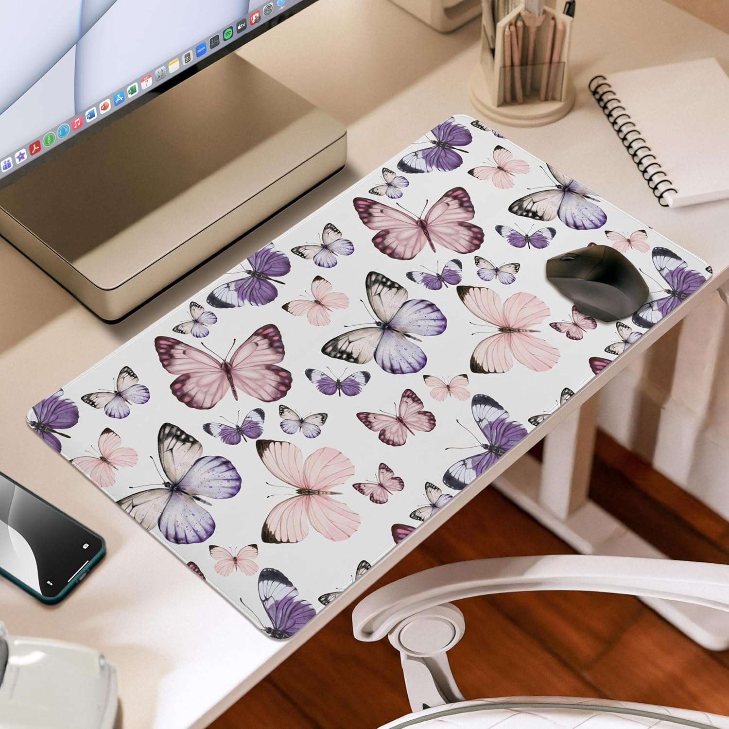 Sweet Jojo Designs Large Mouse Pad (Shabby Chic Butterfly) Desk Mat for Keyboard and Mouse Pads, Gaming Mousepad, Office Desk Accessories for Women (Pink & Purple Butterflies, Watercolor, Feminine)