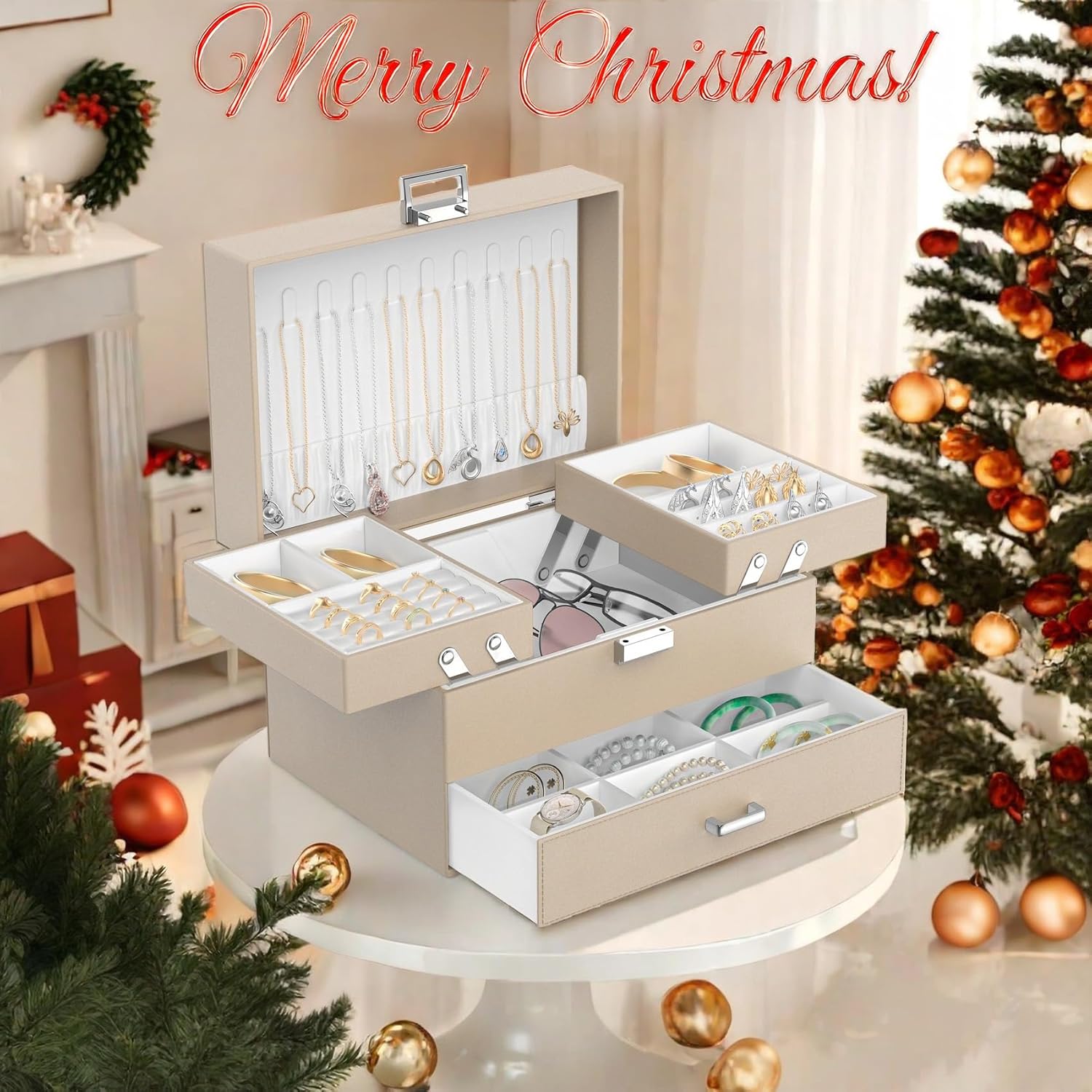 Dajasan Jewelry Box Organizer, Jewelry Boxes for Women Girls, 3 Layers Jewelry Gift Box for Christmas, Valentine's Day, Birthday, Mother's Day (Champagne) - Image 2
