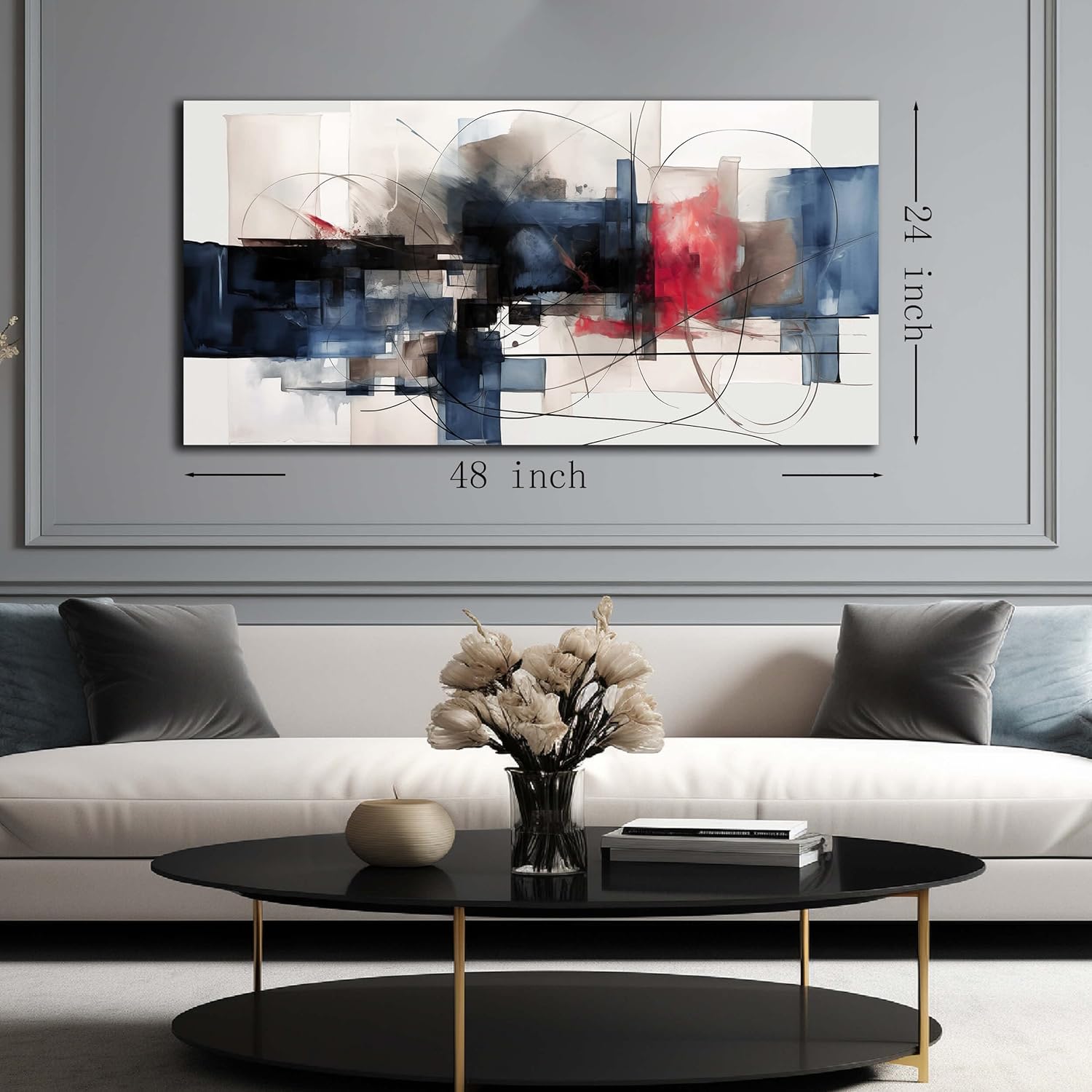 Fuwobriva Abstract Canvas Wall Art for Living Room Bedroom Office Large Wall Art Decor Abstract Wall Art Modern Black Red and Blue Geometry Painting Artwork 24"x48"