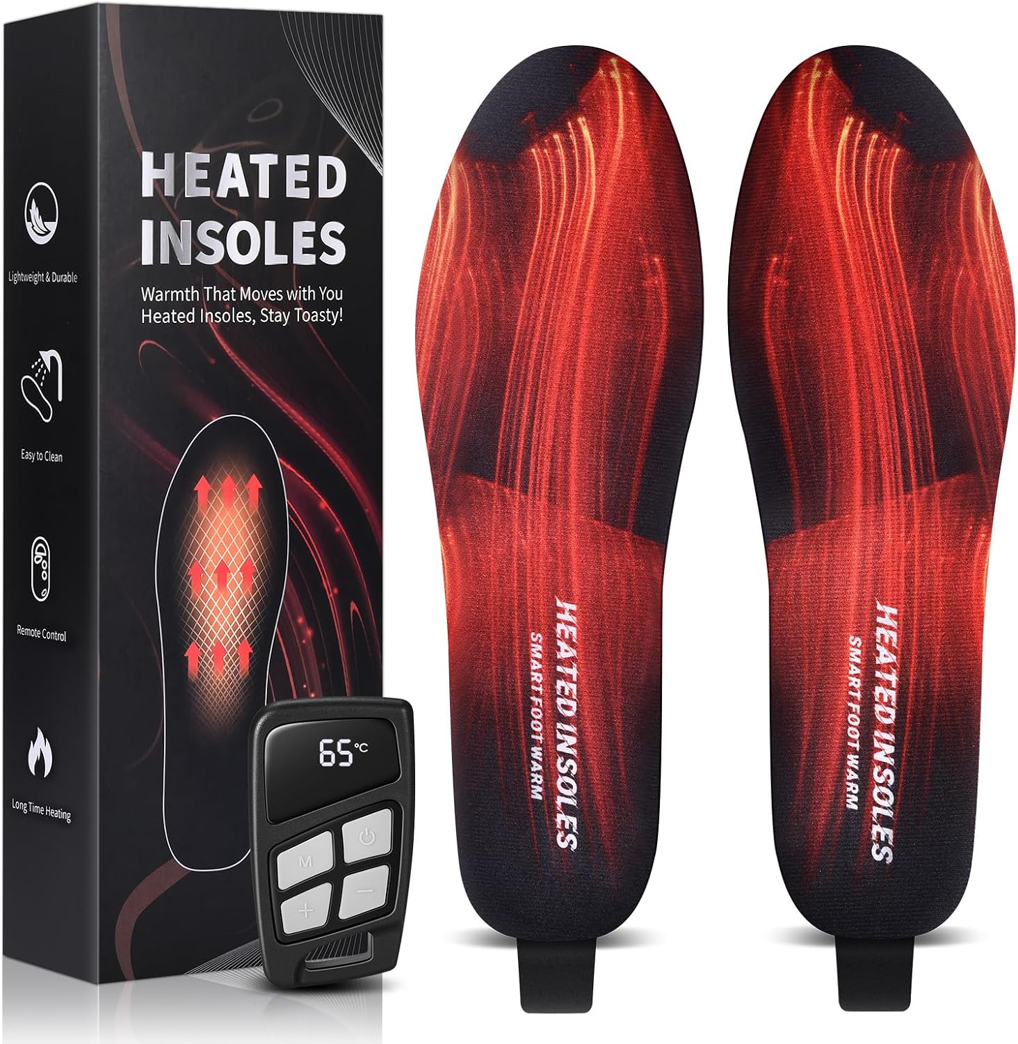 Heated Insoles, Rechargeable Heated Insoles for Women Men with Remote Control, Up to 13 Hours Foot Warmer with Built-in 3500mAh Rechargeable Battery