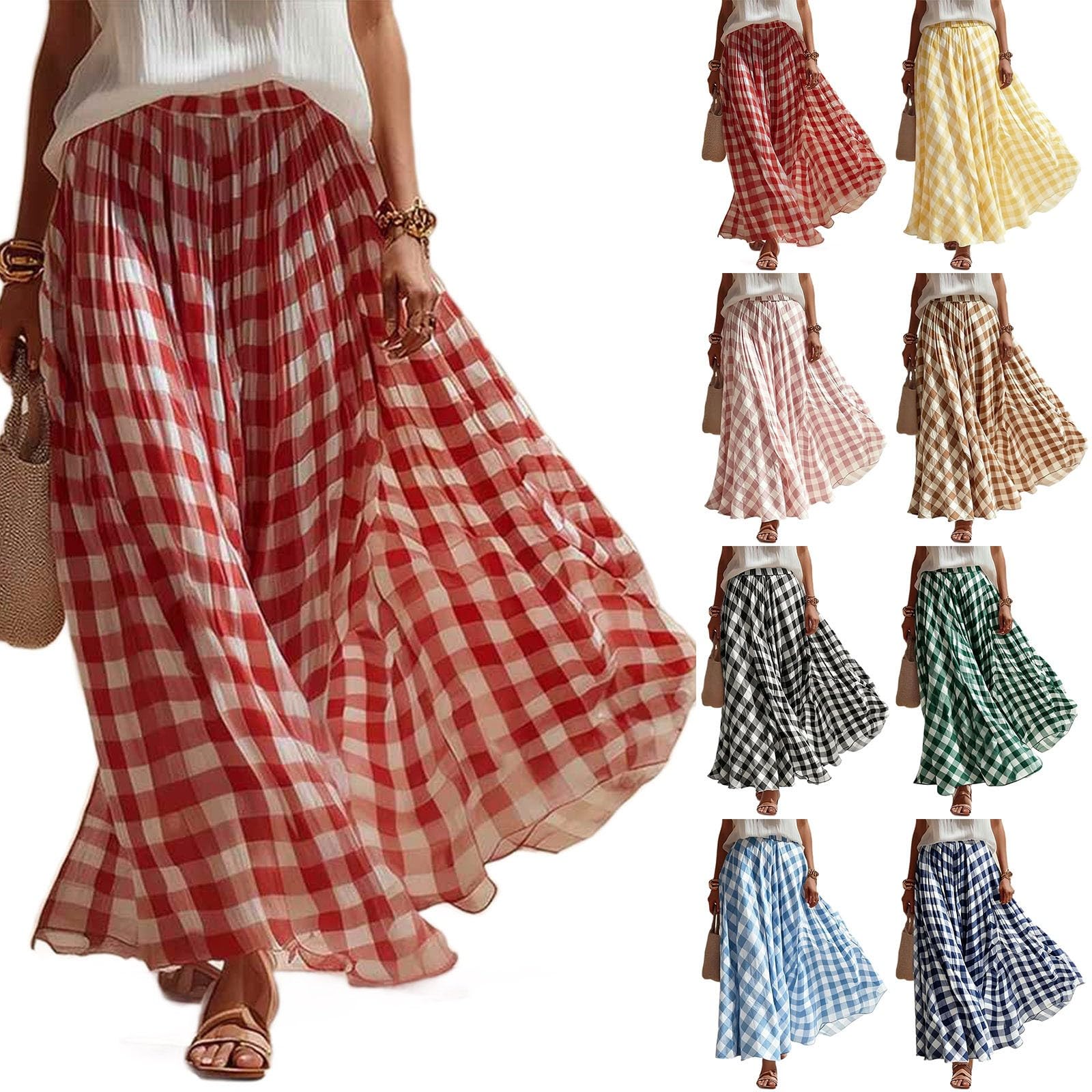 Gonne lunghe da donna a quadri a vita alta eleganti gonne a pieghe fluide