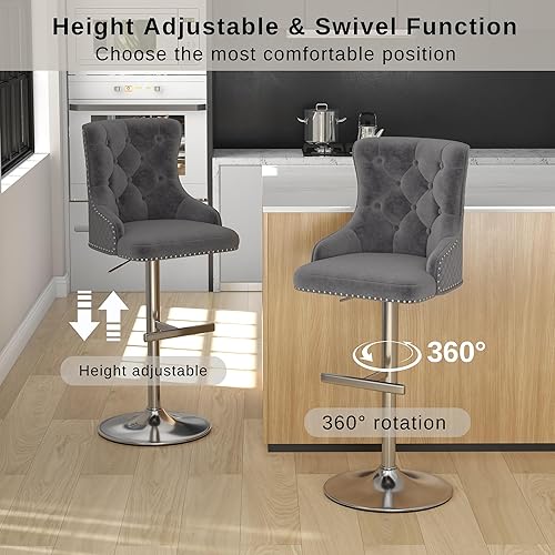 Miniatura 4 de Juego de 2 taburetes de bar de terciopelo con anillo giratorio de león para encimera de cocina, taburetes de bar tapizados con cabeza de clavo, Gris