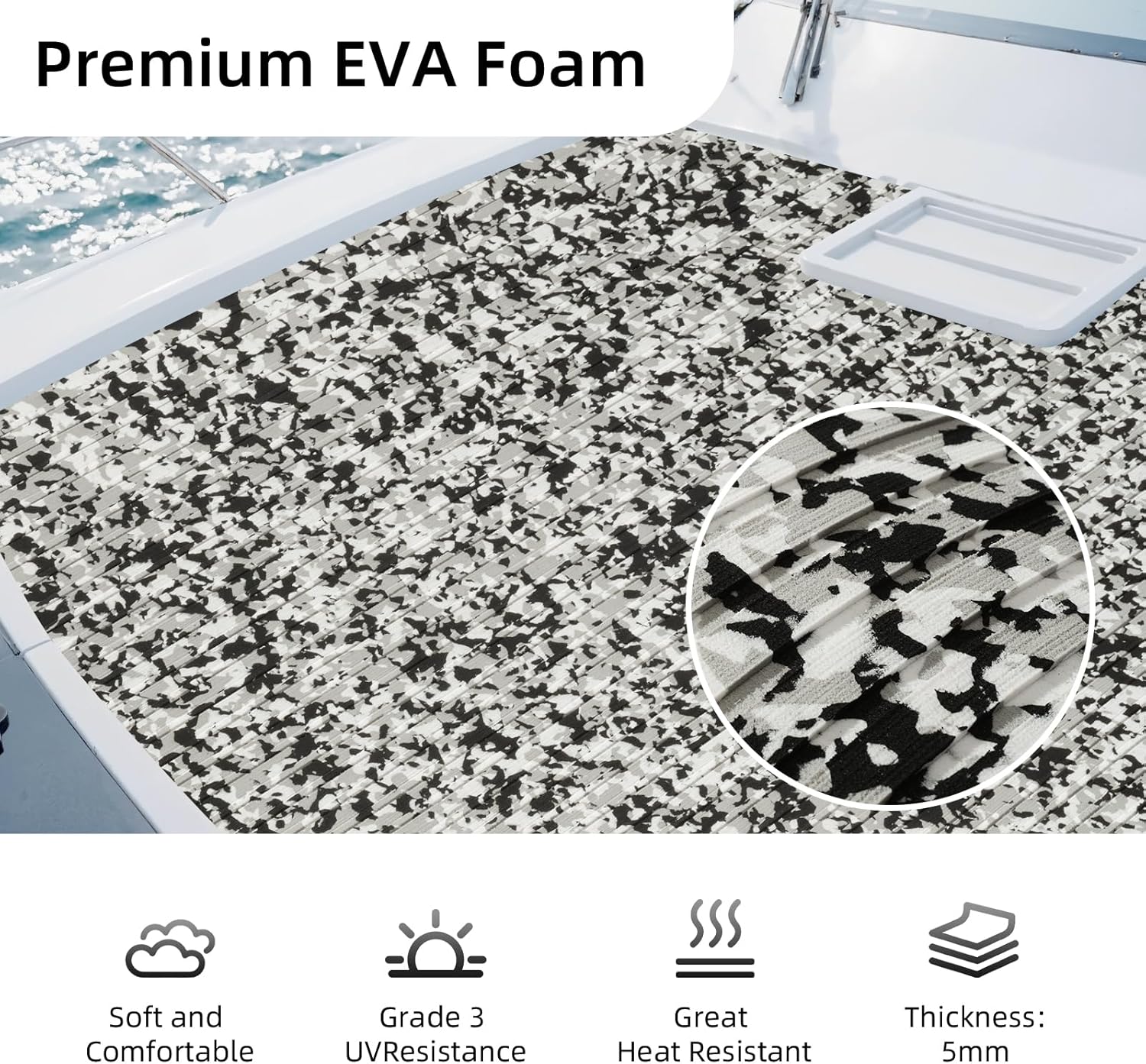 Hjdeck EVA Foam Boat Decking Self-Adhesive Non-Slip Waterproof Boat Flooring Sheet Trim-to-Fit for Fishing Boats Yachts Kayaks Surfboards Durable Deck Protection Pad