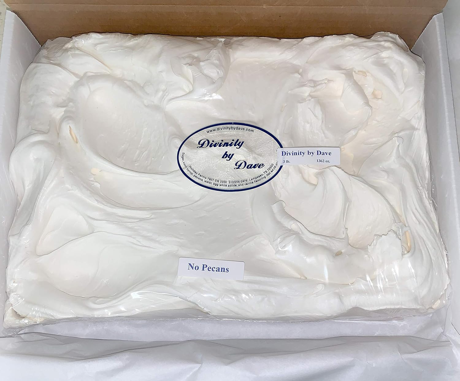 Large Divinity Gift Box (Without Pecans) 3 LB. Slab of Old Fashioned Divinity Without Pecans, Just Like Home Made.