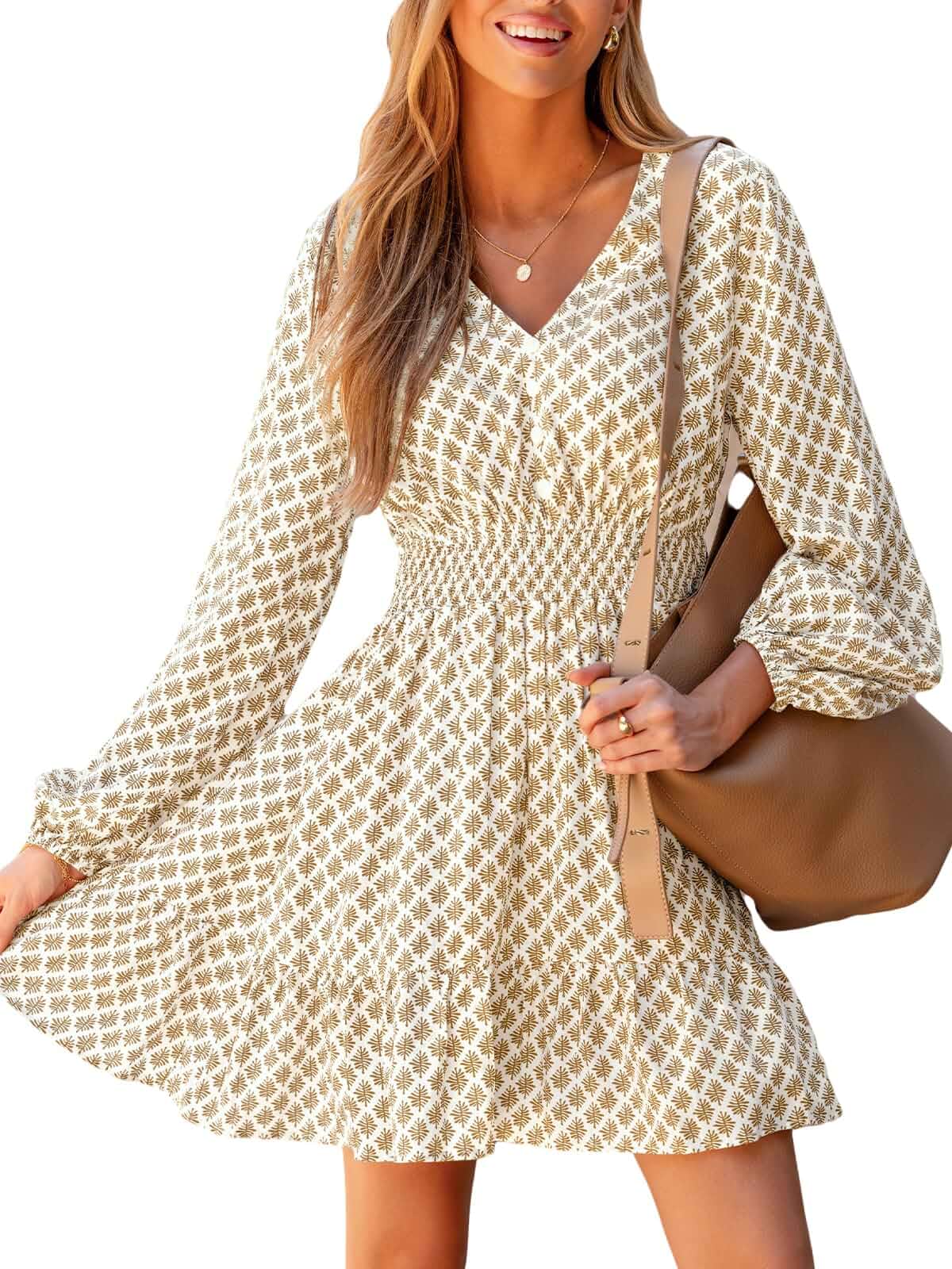 CUPSHE Women's Geo V Neck Button Long Sleeve Smocked Mini Dress A Line, Abstract Lattice Pattern, Elastic Waistband, Ruffled Hemline, Flowy Fall Wedding Guest, Casual Resort Vacation
