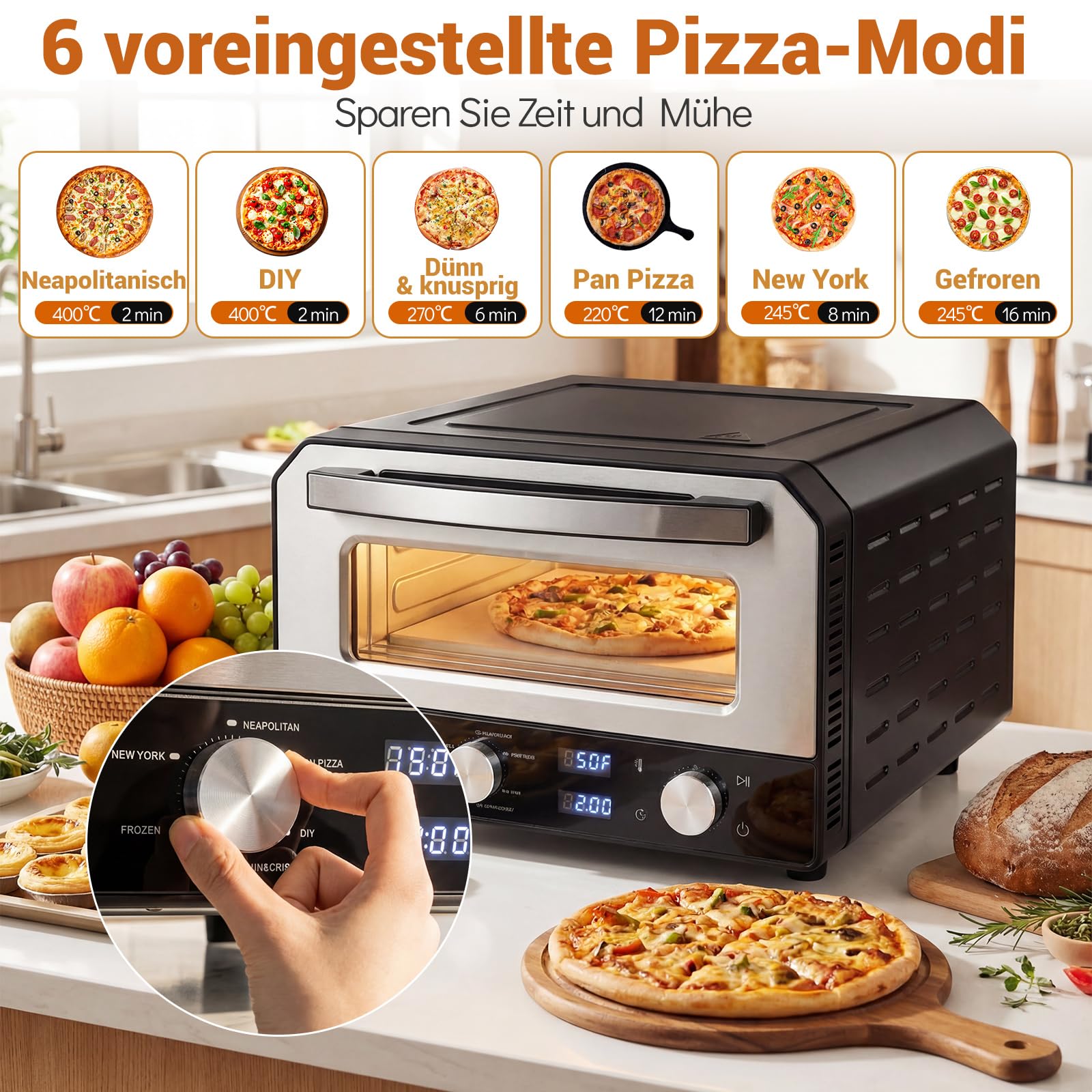 COSTWAY Elektrischer Pizzaofen, Pizza Oven erhitzt bis zu 400℃, Pizzamaker mit 6 Voreinstellungen & 2-Minuten Backfunktion & Pizzastein & Schneiderad, Indoor, Steinofenplatte