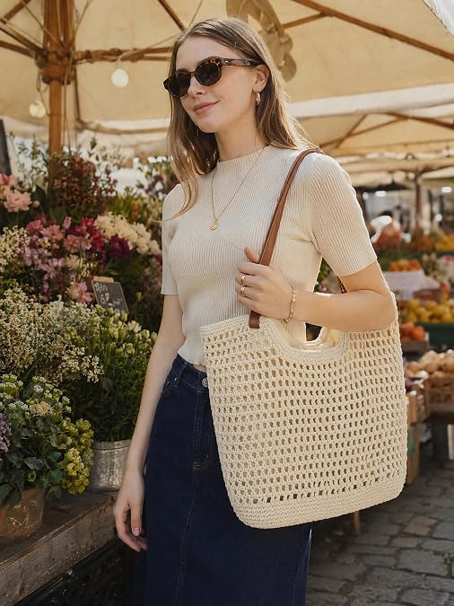 TeeYee Women Crochet Beach Tote Summer Straw Bag Boho Shoulder Bag