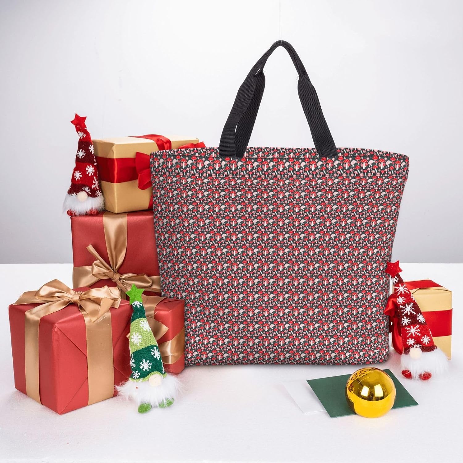 Red White Mushroom Print Eco-Friendly Tote Lightweight Grocery Bag Daily Commuting Travel Beach Gym Use