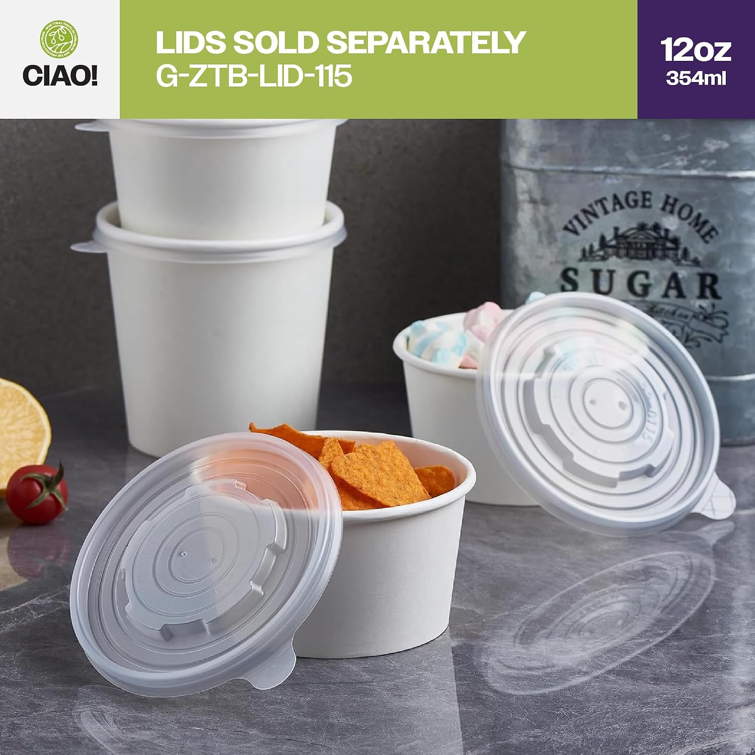 CIAO! 12OZ Disposable White Paper Food Container, 115mm Diameter, Lids Sold Separately (500/case)
