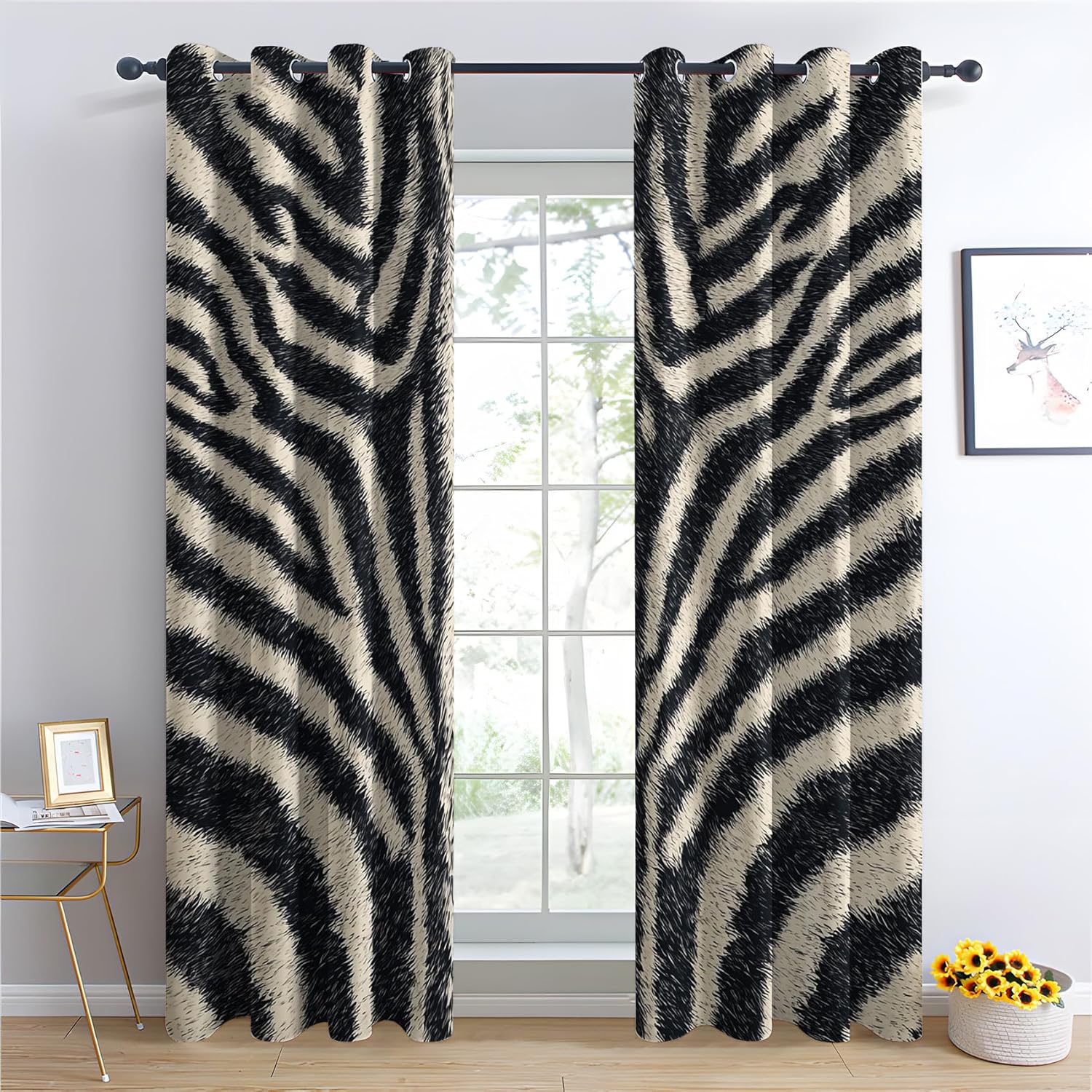 Zebra Print Blackout Curtains for Bedroom Living Room, Thermal Insulated Room Darkening Grommet Drapes, Black and White Animal Print Window Treatments, 63 Inch Drapes 2 Panel Set