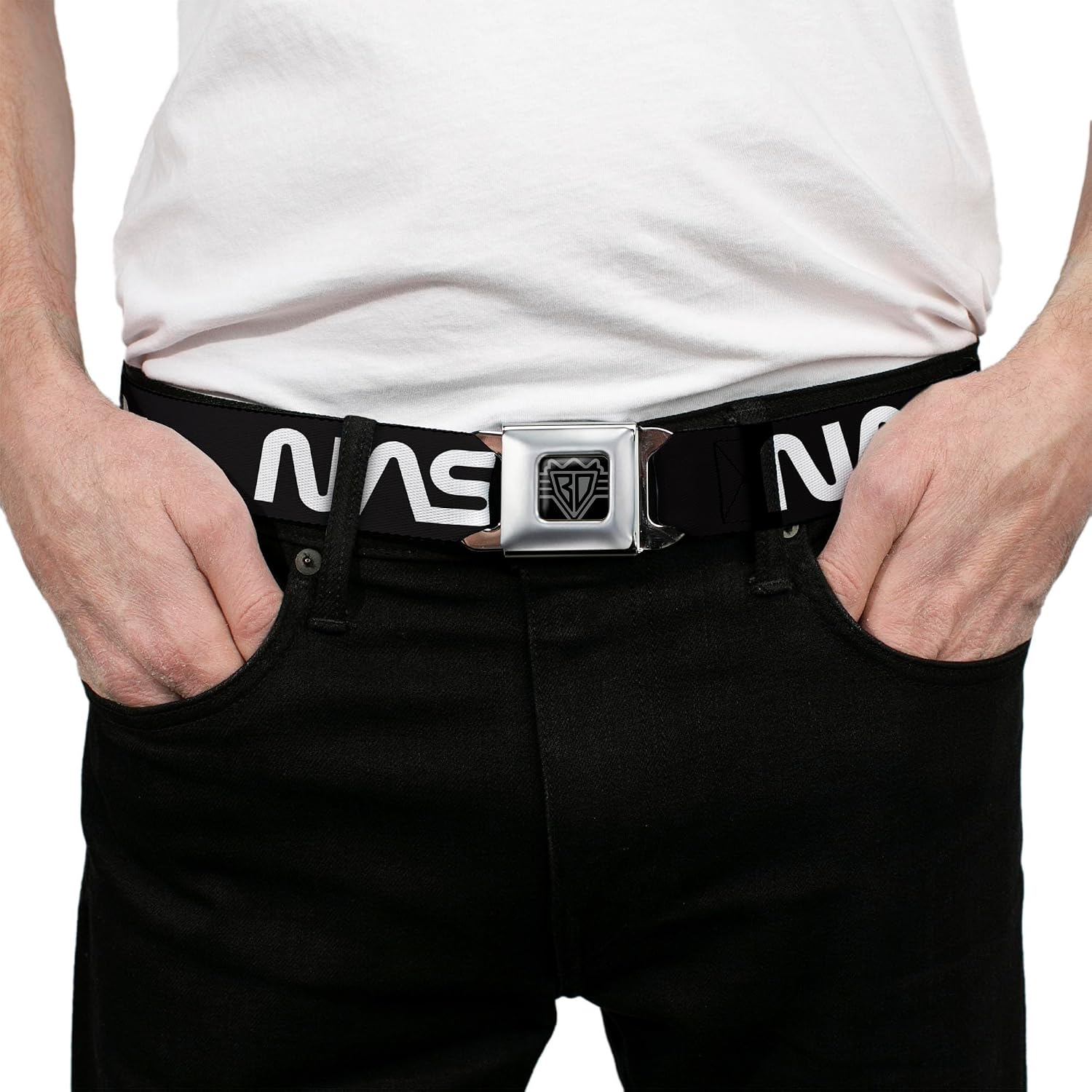 Buckle-Down Belt Seatbelt Buckle NASA Text Black White Mens Womens Kids Adjustable