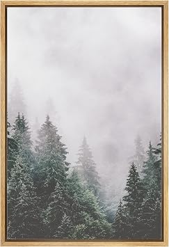 Ashbrook Framed Canvas Print Wall Art Washed Out Mist Over Forest Pine Trees Nature Wilderness Photography Modern Rustic Scenic Multicolor for Living Room, Bedroom, Office - 24"x36" Natural