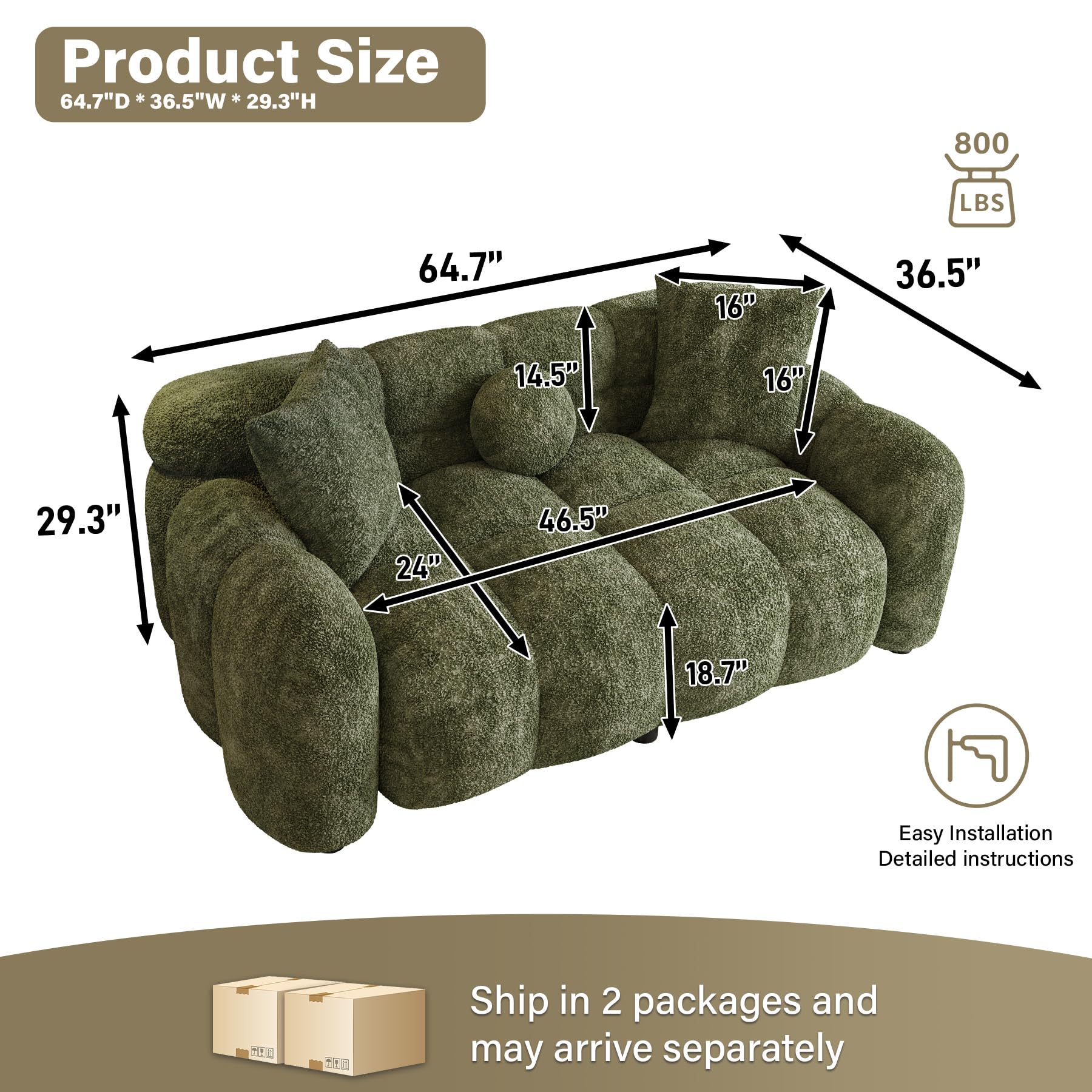 Wrofly Boucle Sofa Couch, 64.7" Modern Tufted Upholstered 2 Seater Loveseat Sofa with 3 Pillows, Comfy Sherpa Deep Seat Cloud Couch, Small Love Seat for Living Room Apartment, Olive Green (INCOMPLETE ONLY BOX #2) 