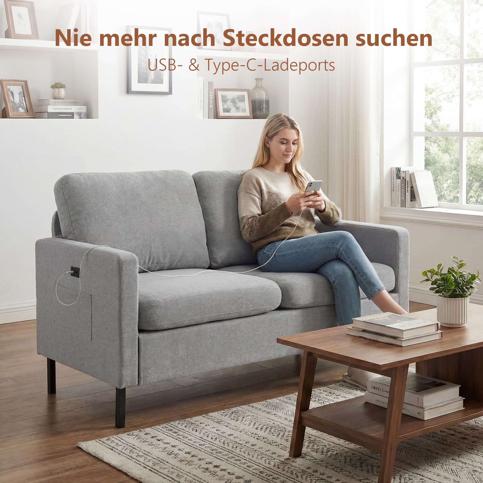GRAVFORCE Sofa 2 Sitzer mit 2 Ladeports 143 x 63 x 86 cm Klein Sofa kleines Cloud Couch mit Armlehne und Seitentasche Modernes Stoffsofa für Wohnung Wohnzimmer Büro Einfache Montage Hellgrau