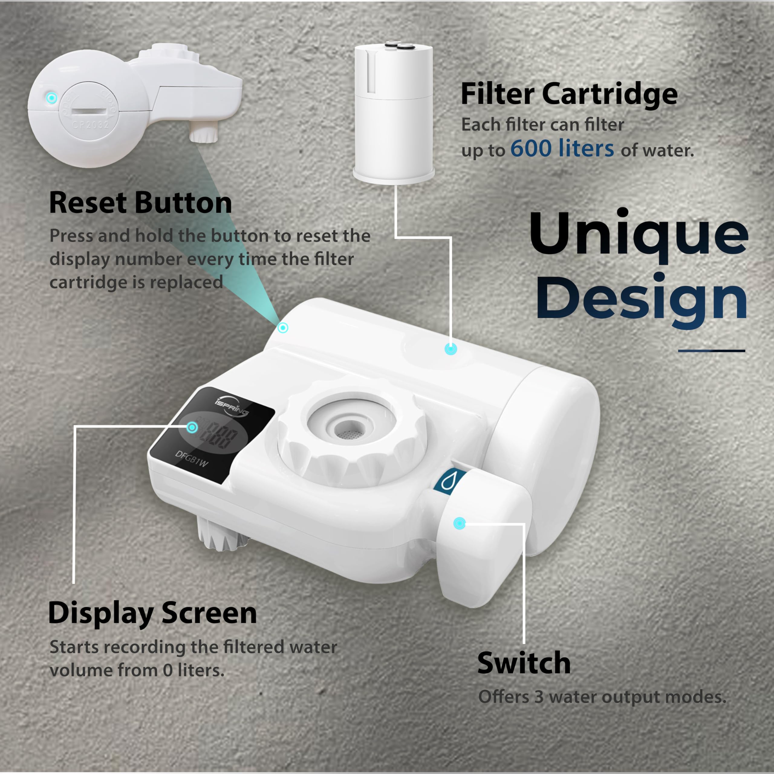 iSpring DFGB1W kran z filtrem do wody, żywotność 600 l | Cyfrowy wyświetlacz, system filtracji wody bloków węglowych, redukuje 99% chloru, zły smak
