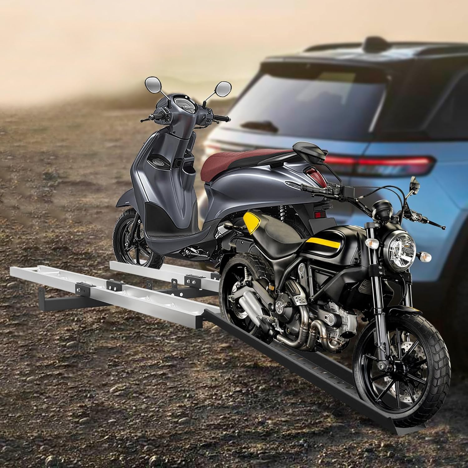 600LBS Double Motorcycle Carrier, Aluminum Hitch Mount Dirt Bike Rack with Loading Ramp for Dirt Bikes, Motorcycle for 4" Motorcycle Tire Width