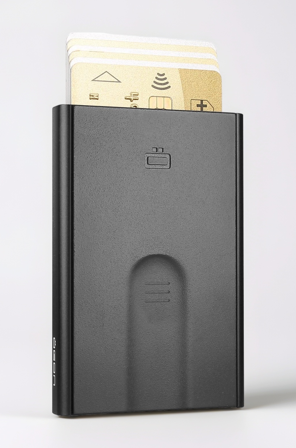 �GON -DESIGNS- Aluminum card holder Slider RFID Blocking � The original minimalist slim automatic wallet for men and woman, Opium Black, Compact, Minimalist