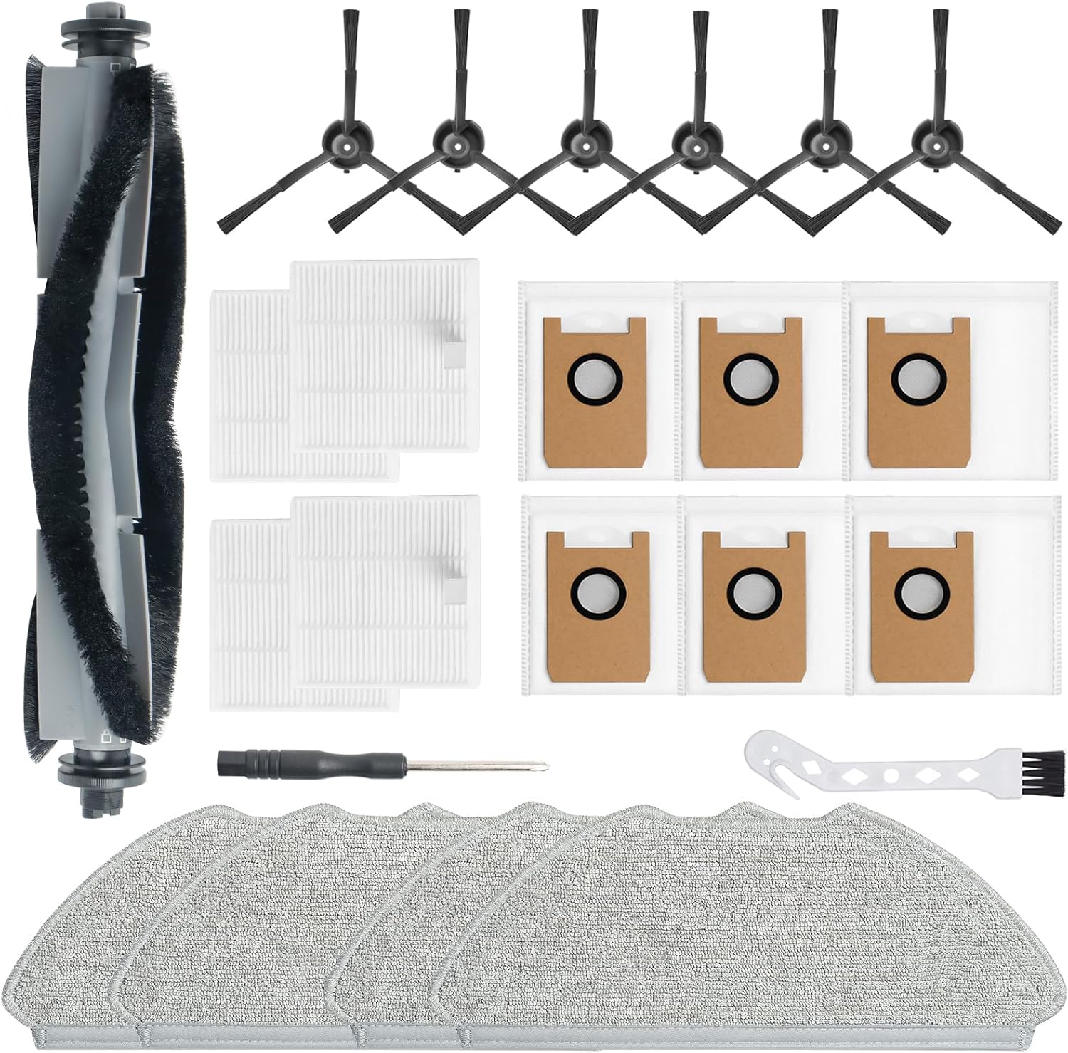 23 Pack Replacement Accessories Parts for AIRROBO T20+/T25+/T30+/T25+C Robot Vacuum kit, 1 Main Roller Brush 4 Mop Pads 4 Hepa Filters 6 Side Brushes 6 Dust Bags 1 Clean Tool 1 Screwdriver