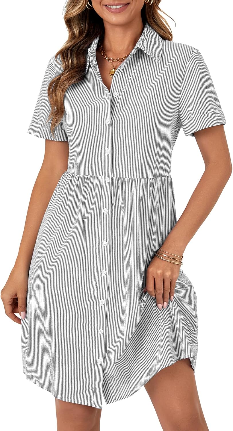 Rooscier Women's Striped Shirt Dress Button Down Collared Short Sleeve Mini Dress - Image 2