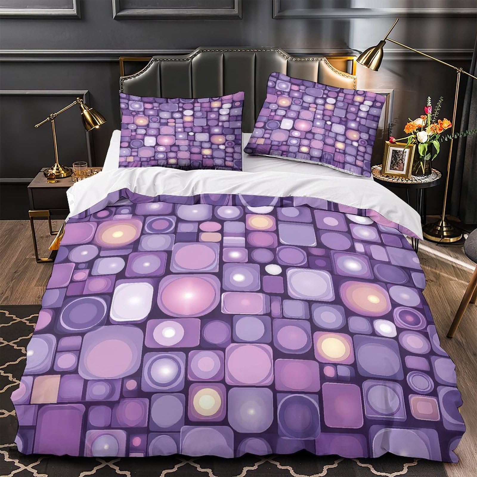 Housse de couette 3D violet or parure de lit microfibre 200x200cm abstrait
