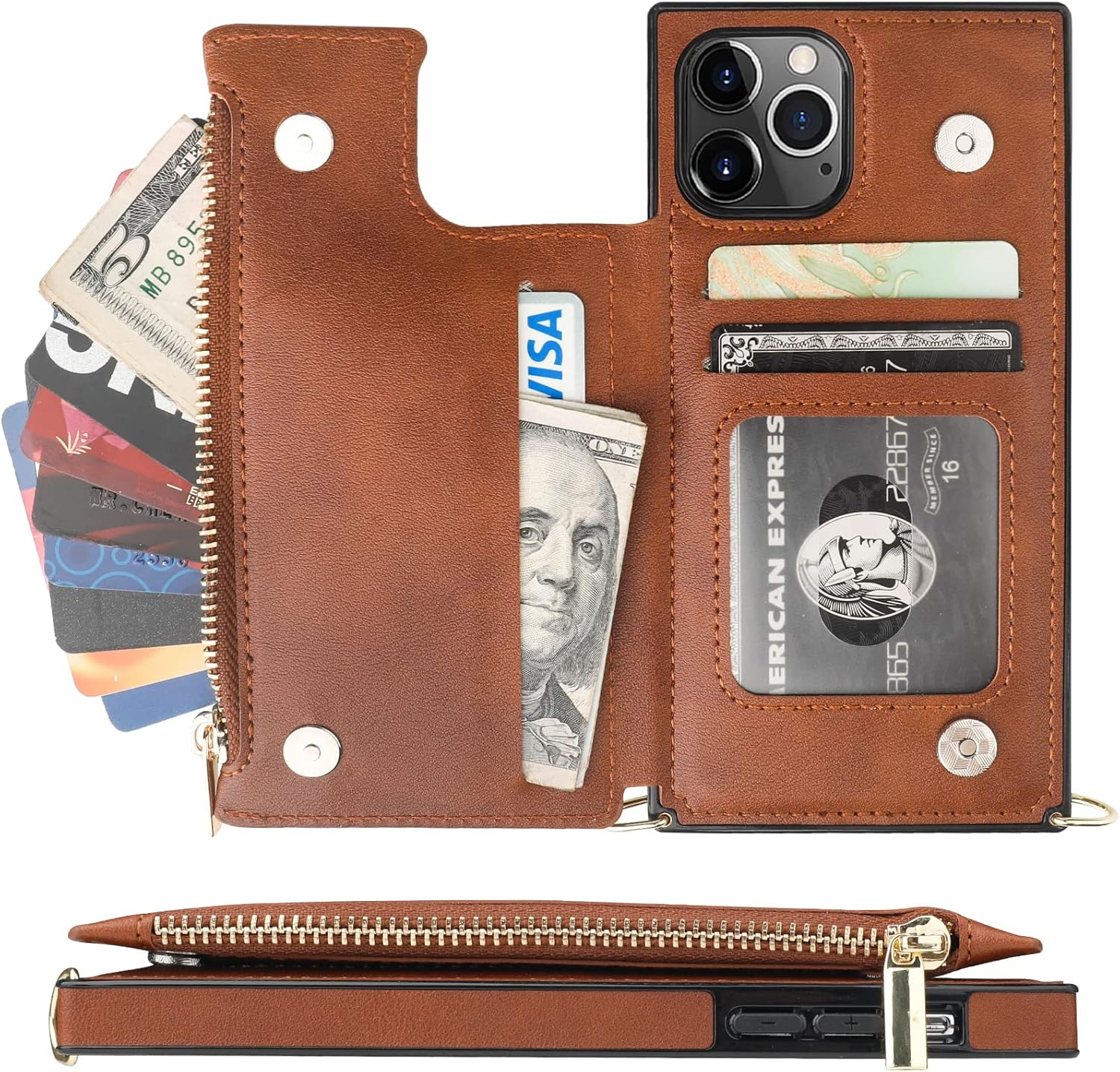 Bocasal Crossbody Wallet Case for iPhone 11 Pro with Card Holder,Zipper Card Slot Protector Shockproof Purse Cover with Removable Cross Body Strap 5.8 Inch(Brown)