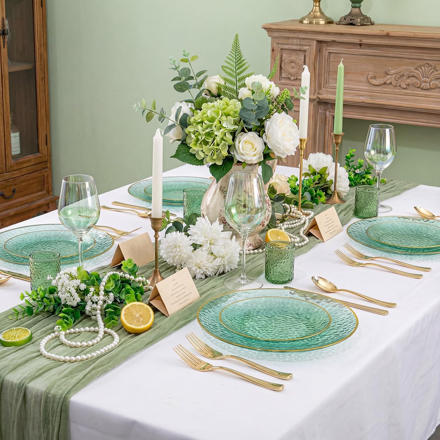 Rubtlamp 350 Pcs Green Plastic Dinnerware Set, Green and Gold Plastic Plates, Hammered Party Plates Include Dinner Platos, Dessert Platos, Cups, Gold Cutlery Set And Napkins for Party