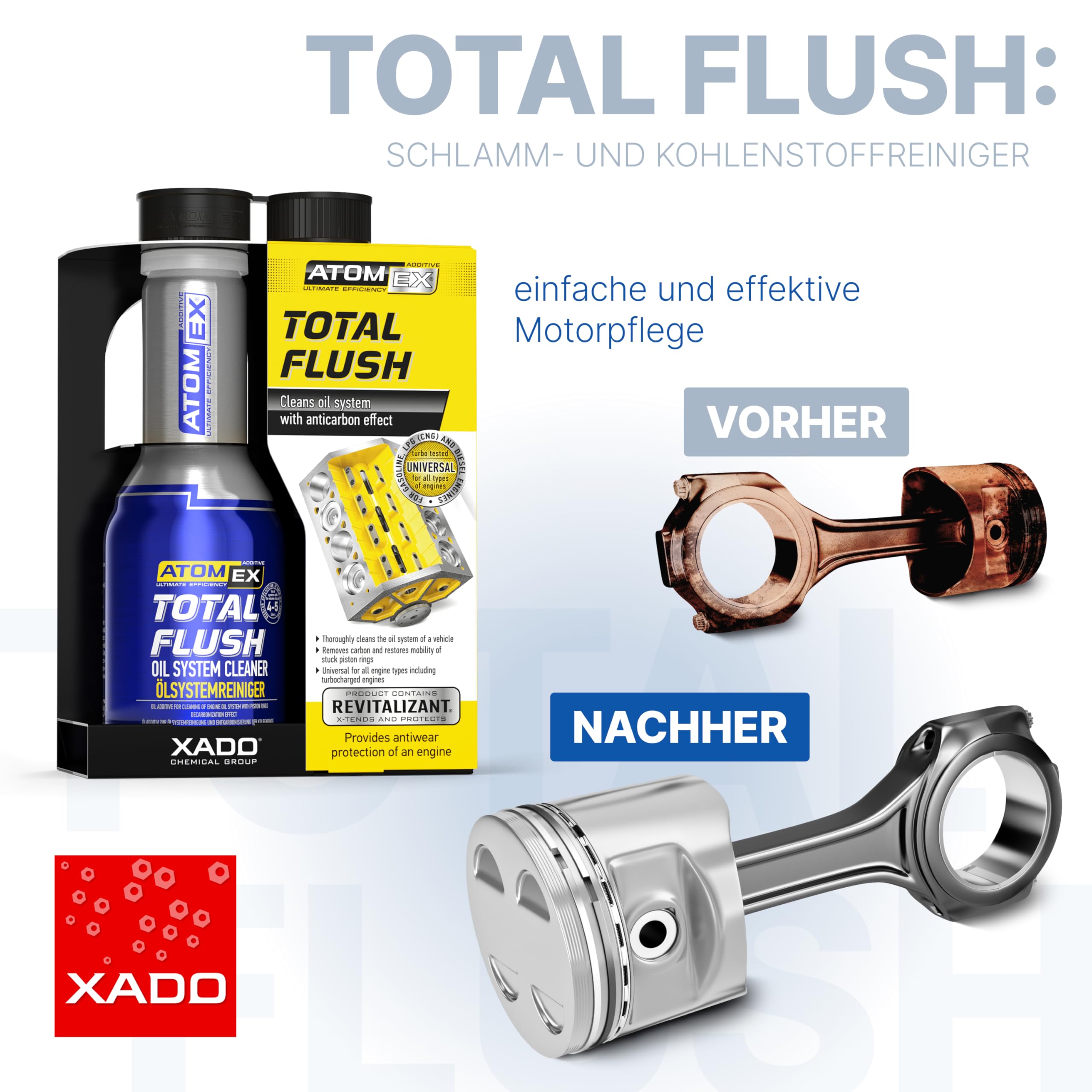 XADO ATOMEX Total Flush Motorspülung – Ölschlammspülung & Kolbenring Reiniger | Motor Reiniger Benzin, Diesel & LPG | Entkokung & Ölverbrauch Stop | Revitalizant | 250 ml