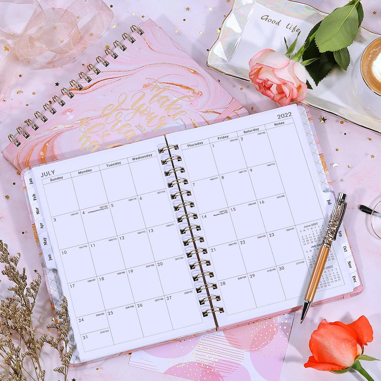 2022 Planner - Planner 2022 Weekly & Monthly with Tabs, 6.5" x 8.5", Jan. 2022 - Dec. 2022, Hardcover with Thick Paper + Back Pocket + Banded, Twin-Wire Binding - Pink Gilding