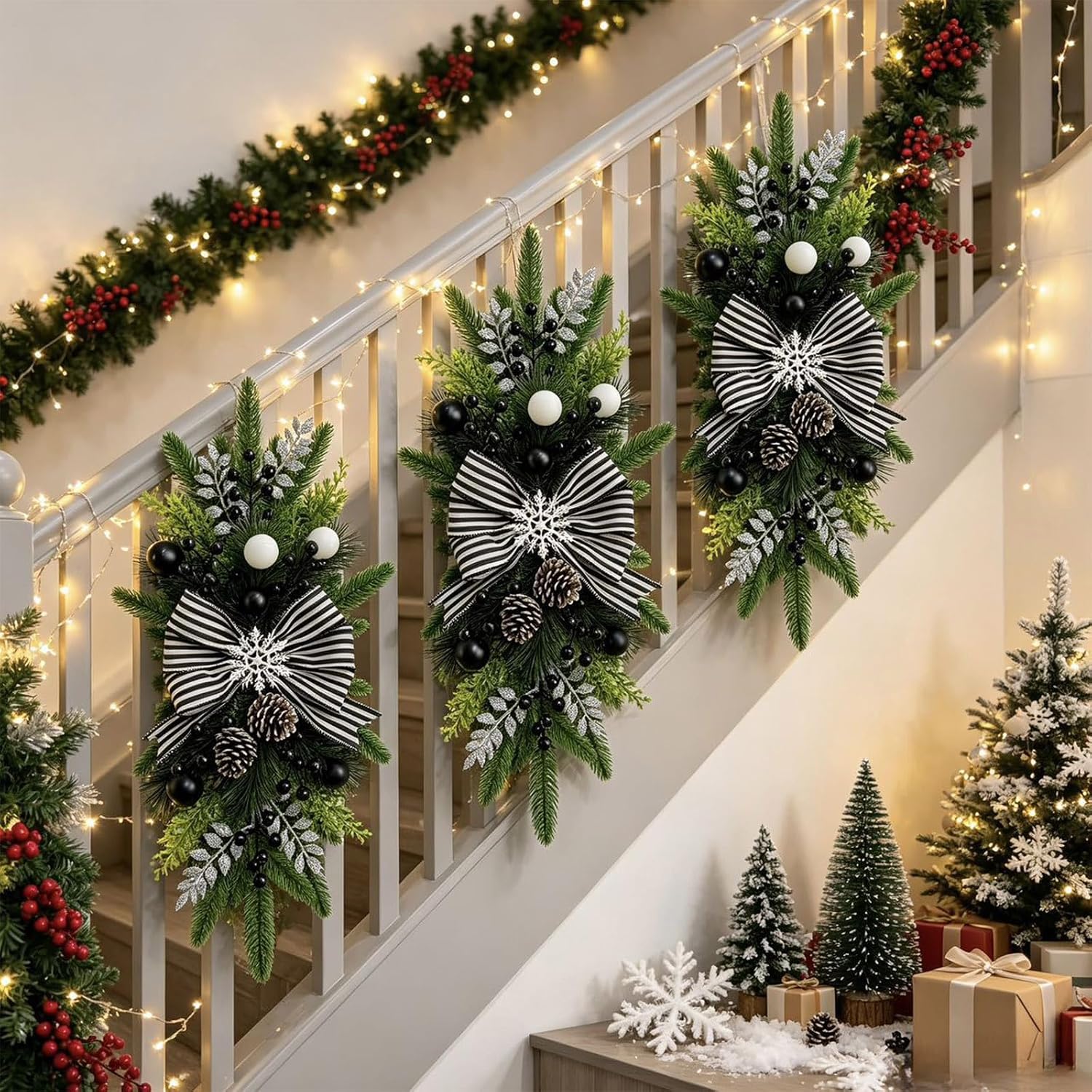 Artificial Christmas Teardrop Pine Swag with Black White Stripe Bow (2pcs)