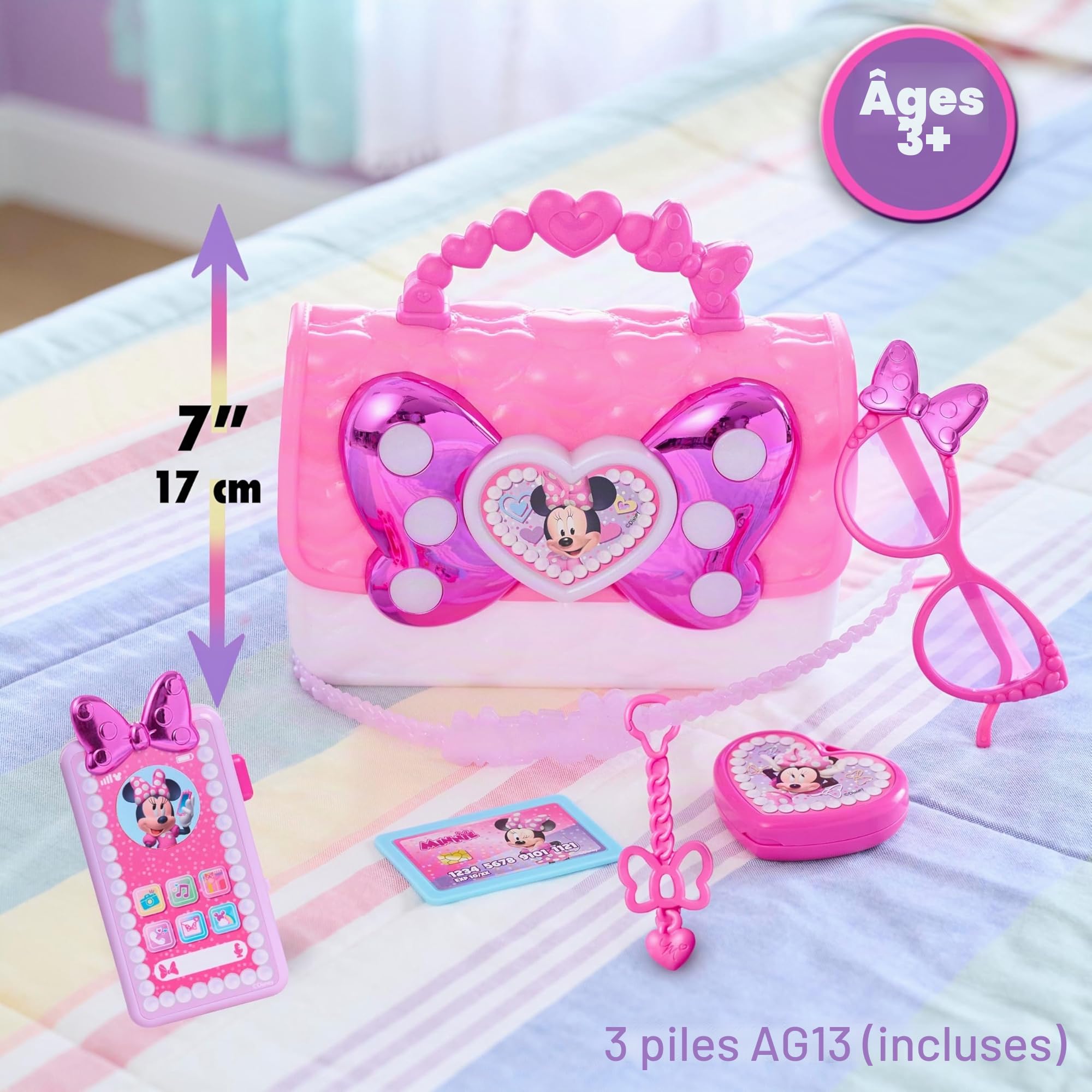 Just Play Coffret Sac à Main Minnie Mouse de Disney Junior, 7 Accessoires, Effets sonores et Lumineux, Jeux d’Imitation et déguisements, Jouets pour Enfants de 3 Ans et Plus