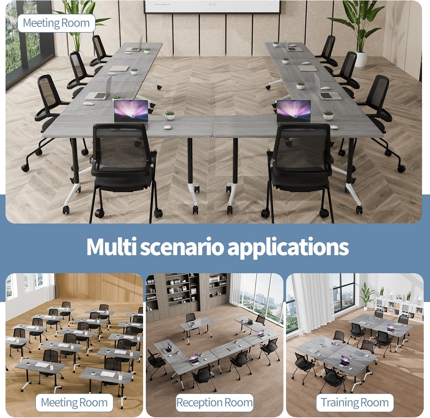 Conference Table, Folding Conference Room Tables with Silent Wheels, Foldable Modular Training Table, Modern Rectangle Seminar Meeting Tables for Office, Boardroom (4, Grey, 61.0)