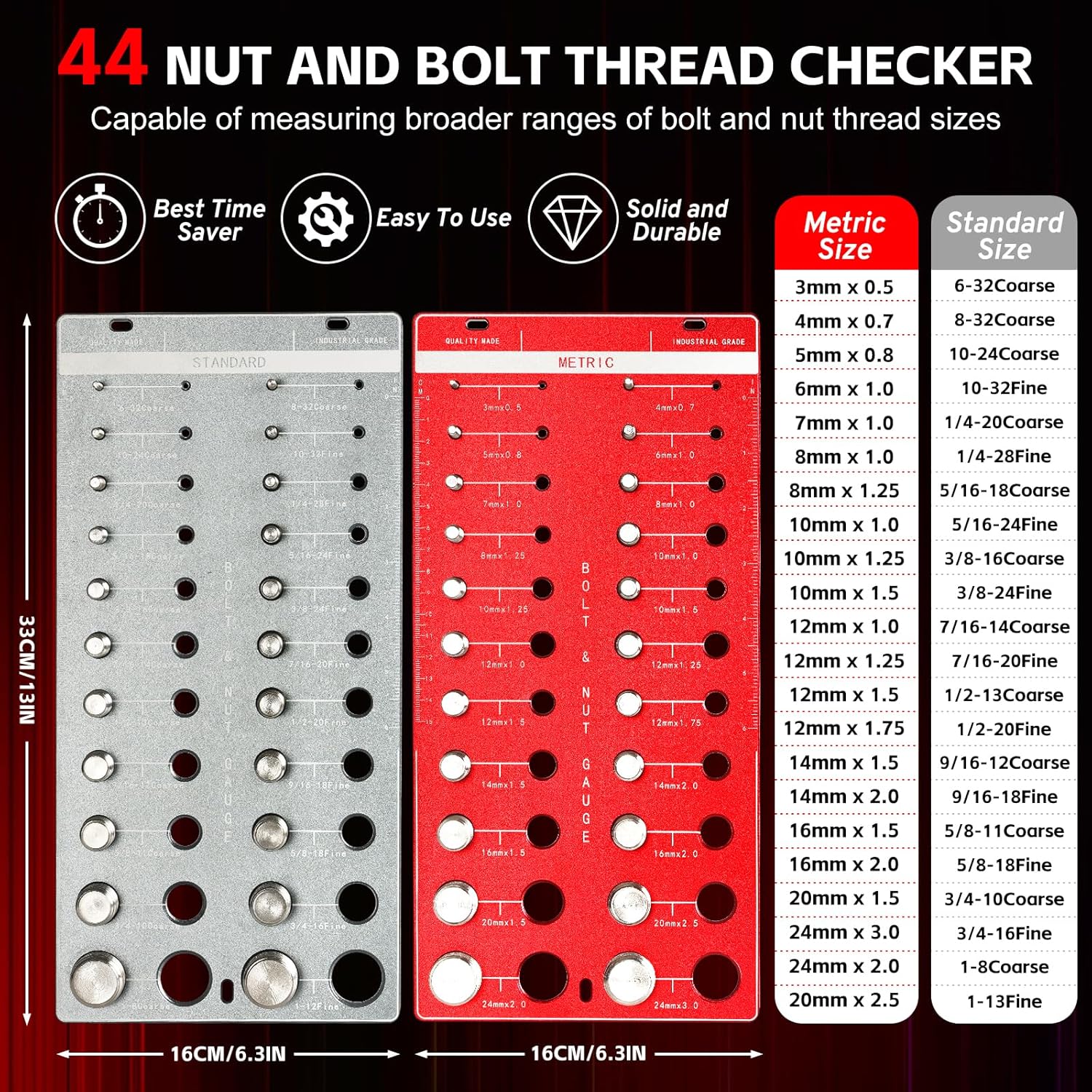 44 Nut and Bolt Thread Checker Standard and Metric, Bolt Size and Thread Gauge with 22 Standard & 22 Metric, Wall-Mountable Bolt and Nut Identifier Gauge with Inch & CM Ruler