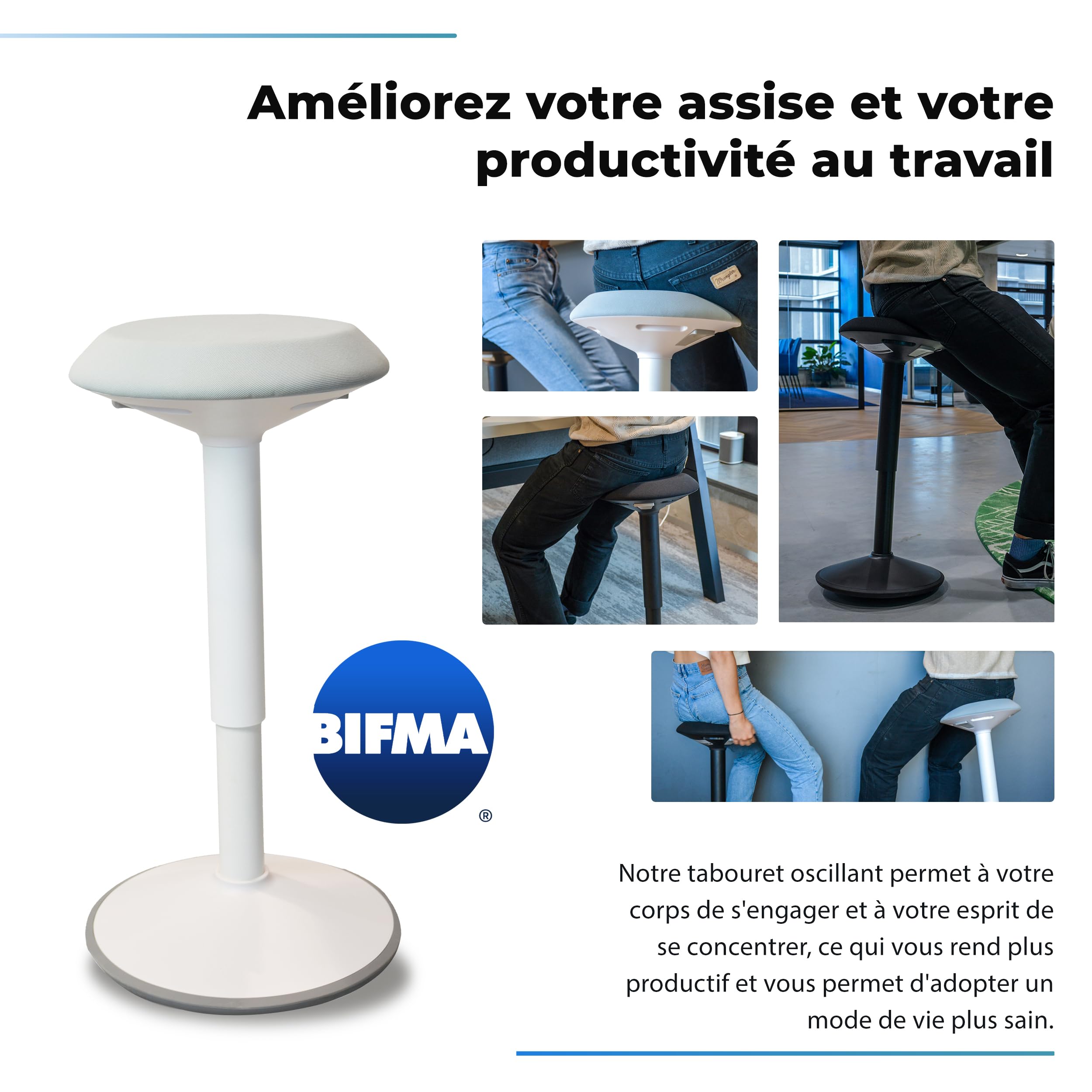 Backerz Tabouret Ergonomique à Bascule - Chaise Va-et-Vient Hauteur Réglable 55 à 80cm - Siège Actif Compact - Maison, Bureau, École - Coussin en Mousse, Revêtement en Lin Hydrofuge - Blanc Mat