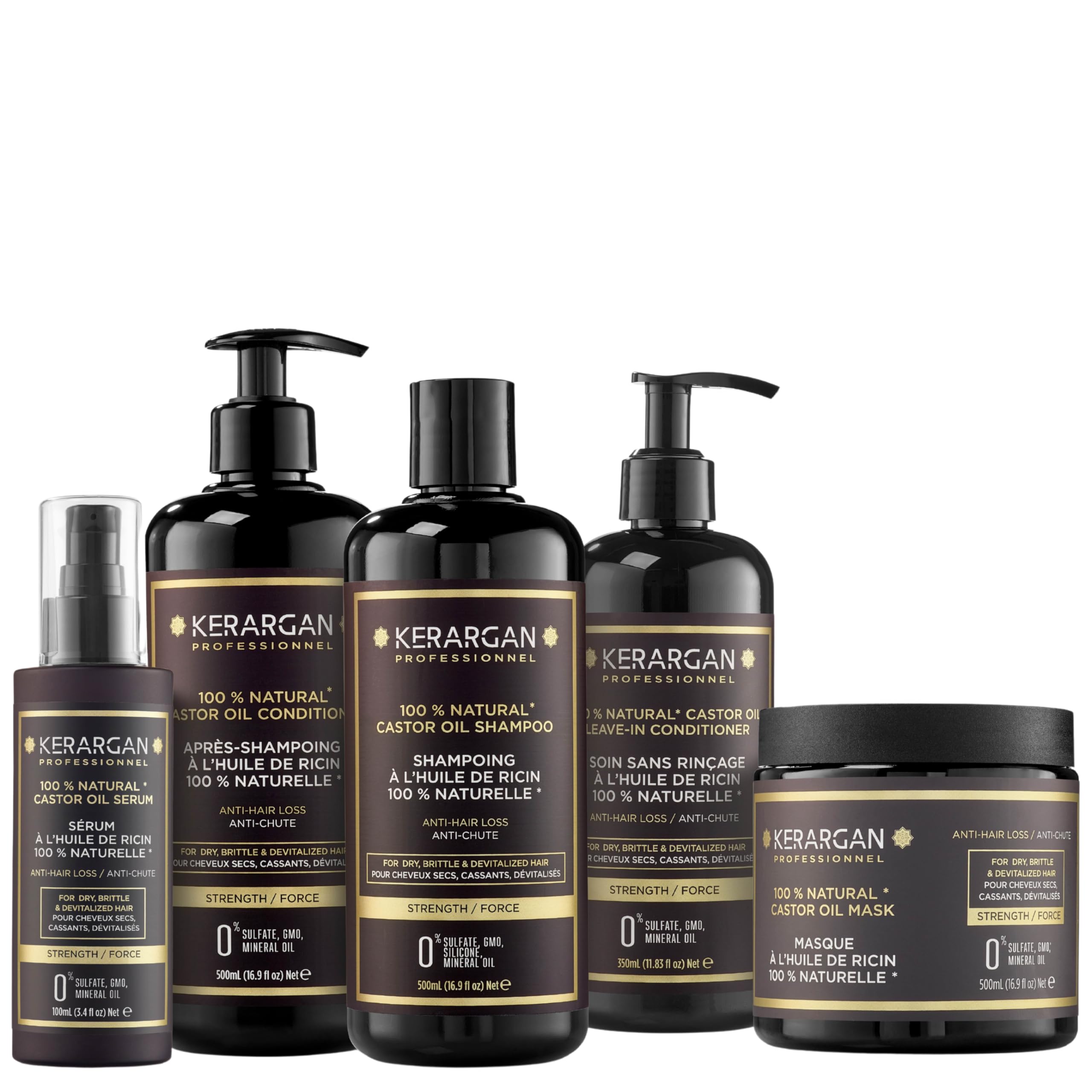 Kerargan - Conjunto Anti-Caída Champú, Acondicionador, Mascarilla, Sérum & Leave-In con Aceite de Ricino para Cabello Dañado - Cuidado Intensivo Crecimiento -Sin Sulfatos,Silicona-3x500ml+100ml+350ml