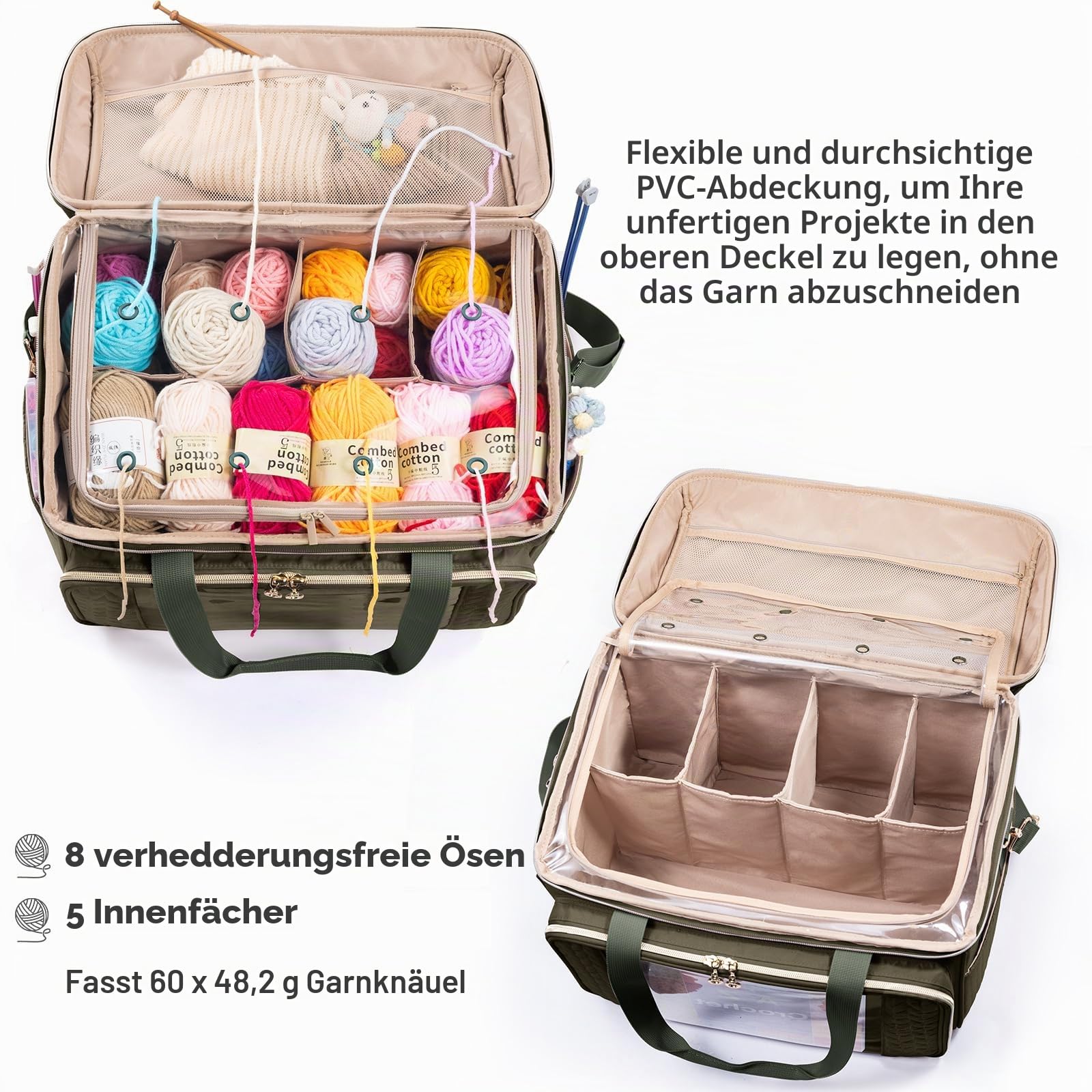 MYBAGZING Große Garn-Aufbewahrungstasche, Häkeltasche, Organizer, Garntaschen zum Häkeln, Aufbewahrungstasche mit Taschen für Häkelnadeln, Häkelzubehör, Stricktaschen, Geschenke für Häkeln