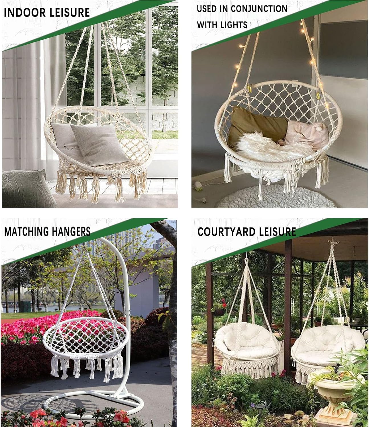 Hammock Chair Swing, 3 in 1 Hanging Chair with Cushion and Hardware Kits, 350 lbs Weight Capacity, Ideal for Bedroom or Outdoor Hanging Chair (Beige)