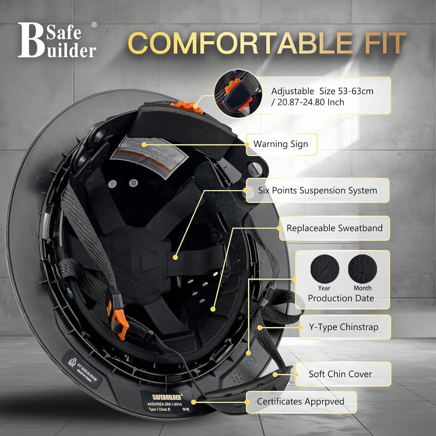 SAFEBUILDER G1E Construction Full Brim Hard Hats ANSI Class E HDPE Safety Helmet Hardhats Sunshade Industrial Head Protection