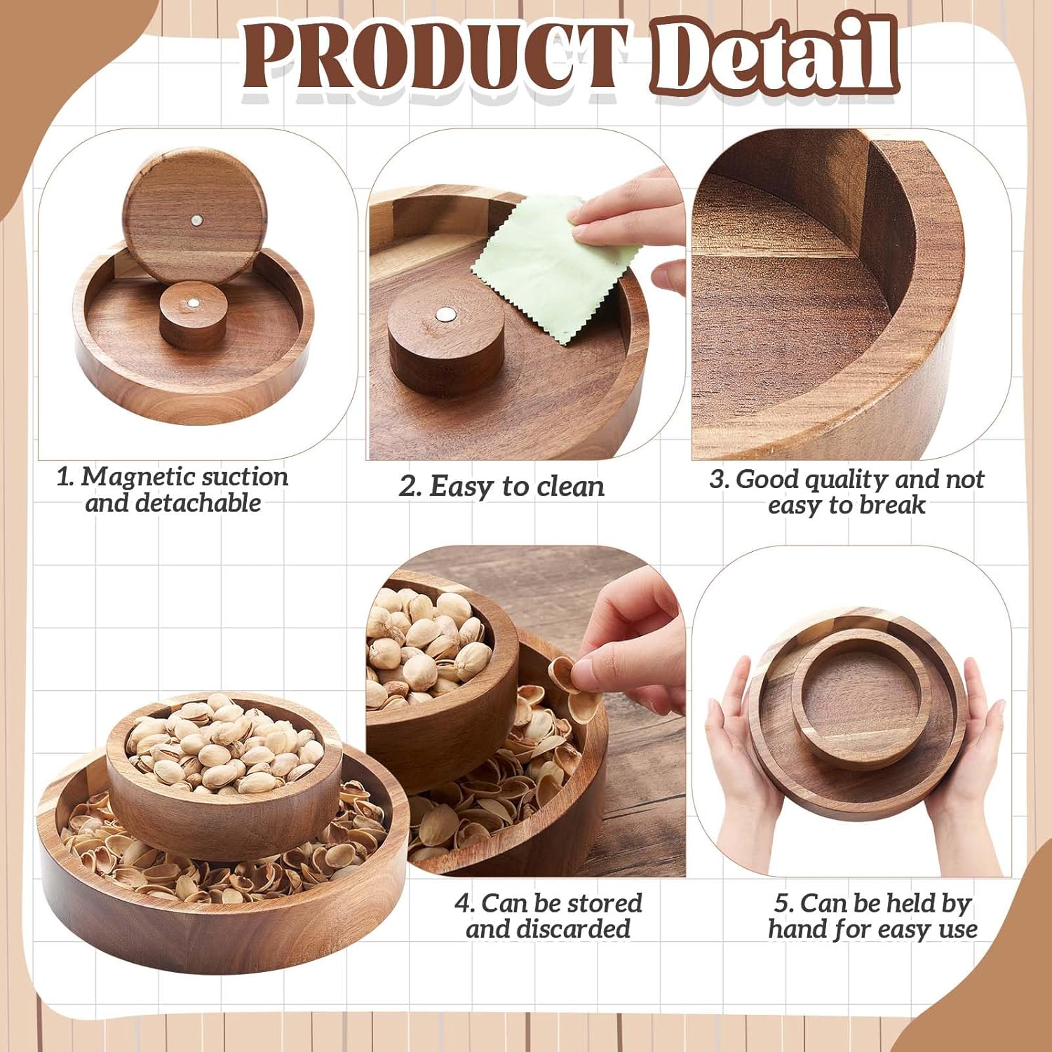 Tioncy Pistachio Snack Bowl with Shell Storage Magnetic Hold Wood Double Layer Pistachio Bowl with Shell Holder for Sunflower Seeds and Snack(Round)