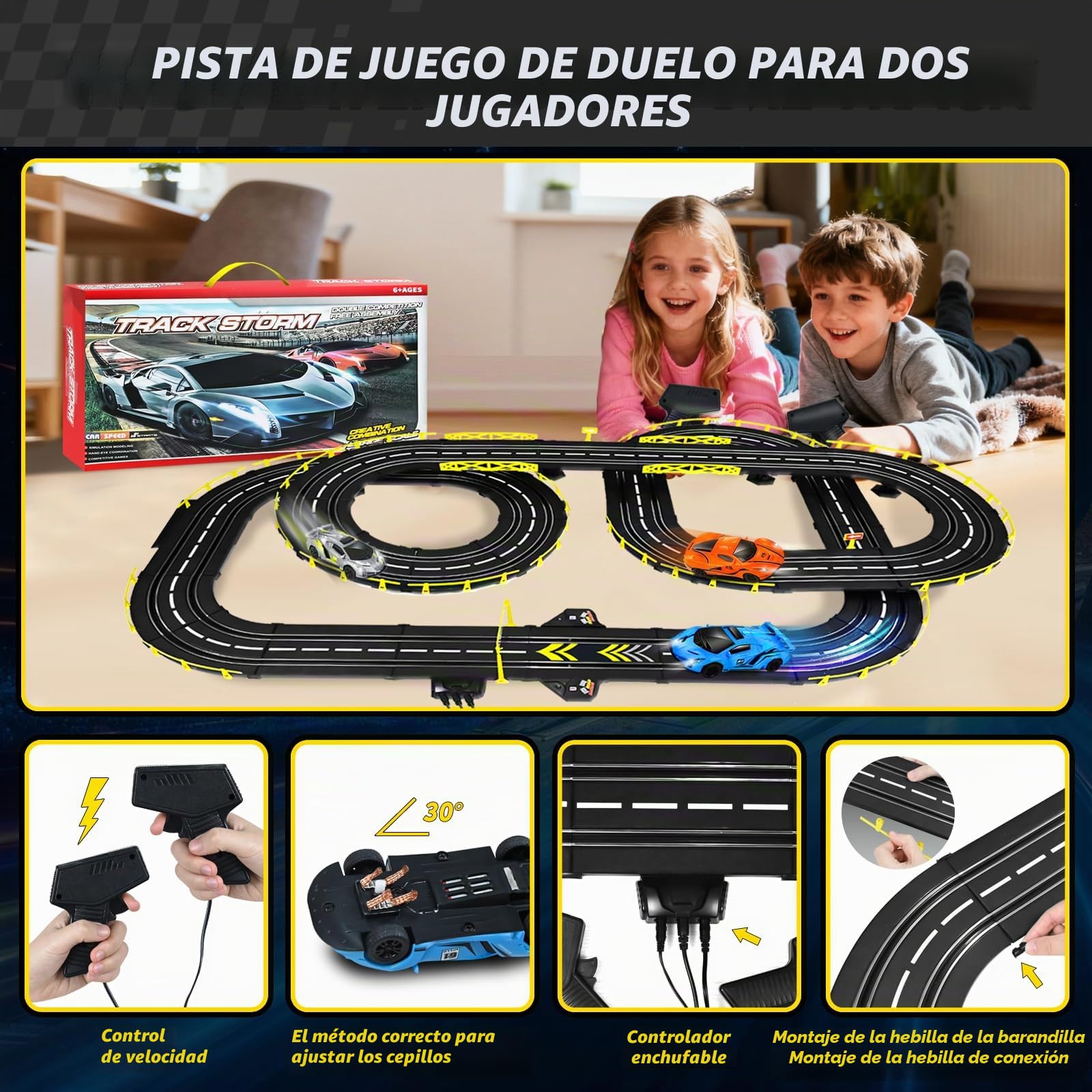 FORMIZON Pista de Coches para Niños 6 7 8 9 10 11 12 Años, Set de Circuito de Coches de Slot Incluye 2 Mandos a Distancia y 4 Coches de Carreras, Juguetes Regalo para Niños de 6 años (B)